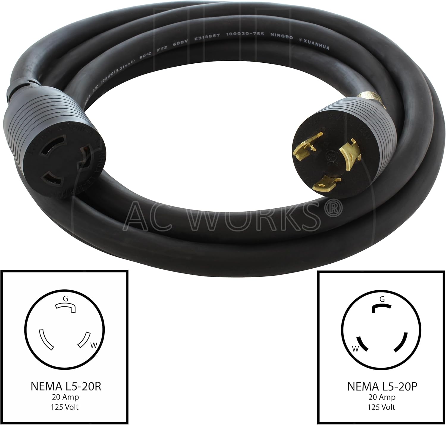 AC WORKS [L520PR] 12/3 3-Prong NEMA L5-20 20Amp 125Volt Generator Rubber Locking Extension Cord (10FT)