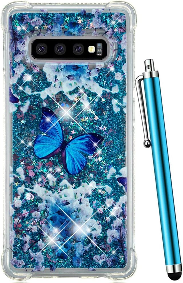 CAIYUNL Case for Samsung Galaxy S10 Plus Glitter Bling Liquid Sparkle Quicksand Flowing Luxury Women Girl Shockproof Protective Slim Clear Cute Phone Cover for Galaxy S10+ Plus[Not S10]-Blue Butterfly