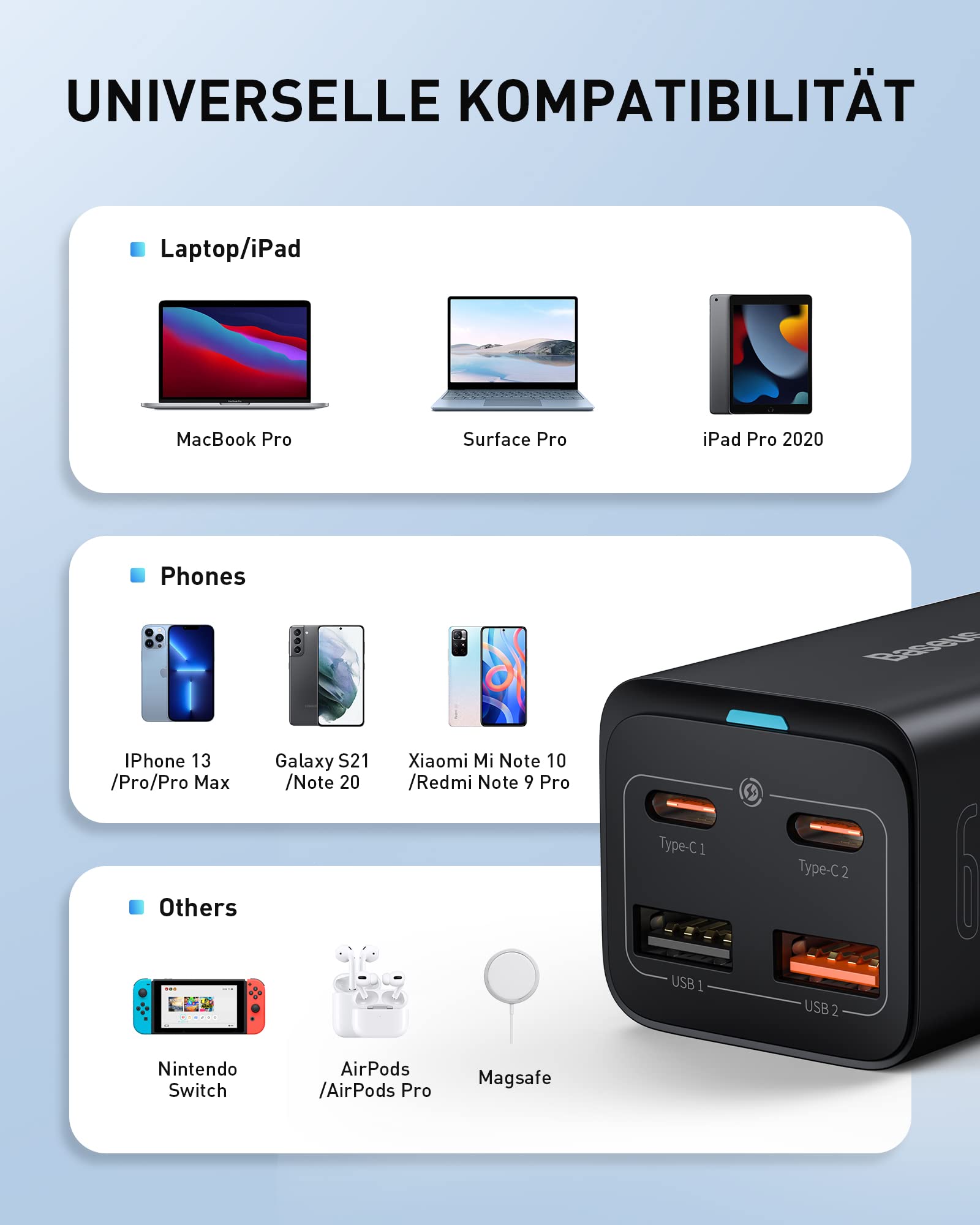 Baseus Szybka ładowarka USB C 65 W, PD GaN3 Fast Wall Block, 4-portowa [2USB-C + 2USB] Stacja ładująca z 5 ft AC Kabel do MacBooka Pro/Air, USB-C Laptop, iPhone 13/12, Samsung Galaxy
