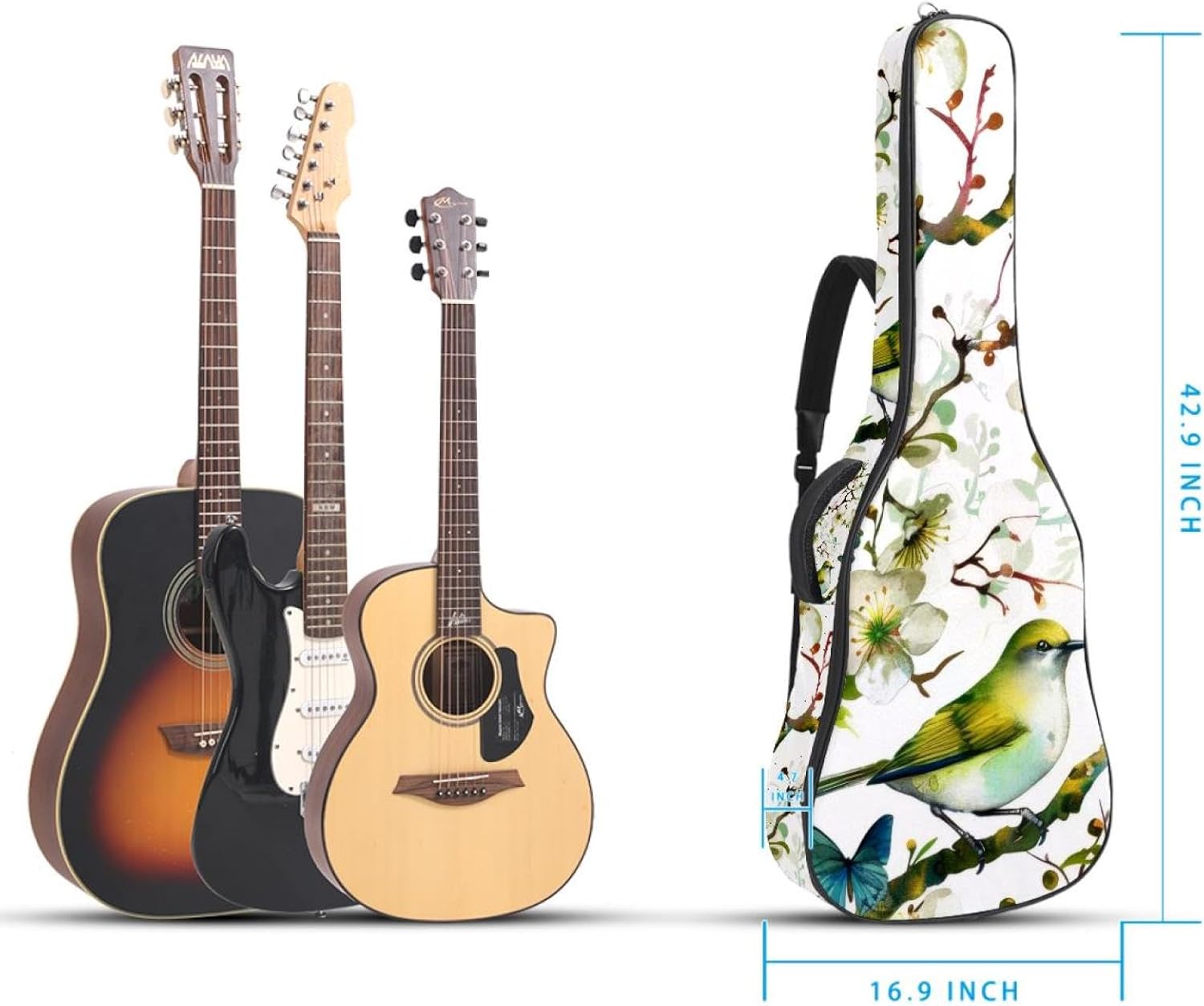 Acoustic Guitar Bag 0.4 Inch Thick Padding Waterproof Guitar Case Gig Bag for 40 41 42 Inch Electric Bass Classical Guitar, Green Bird Butterflies on Floral Branches