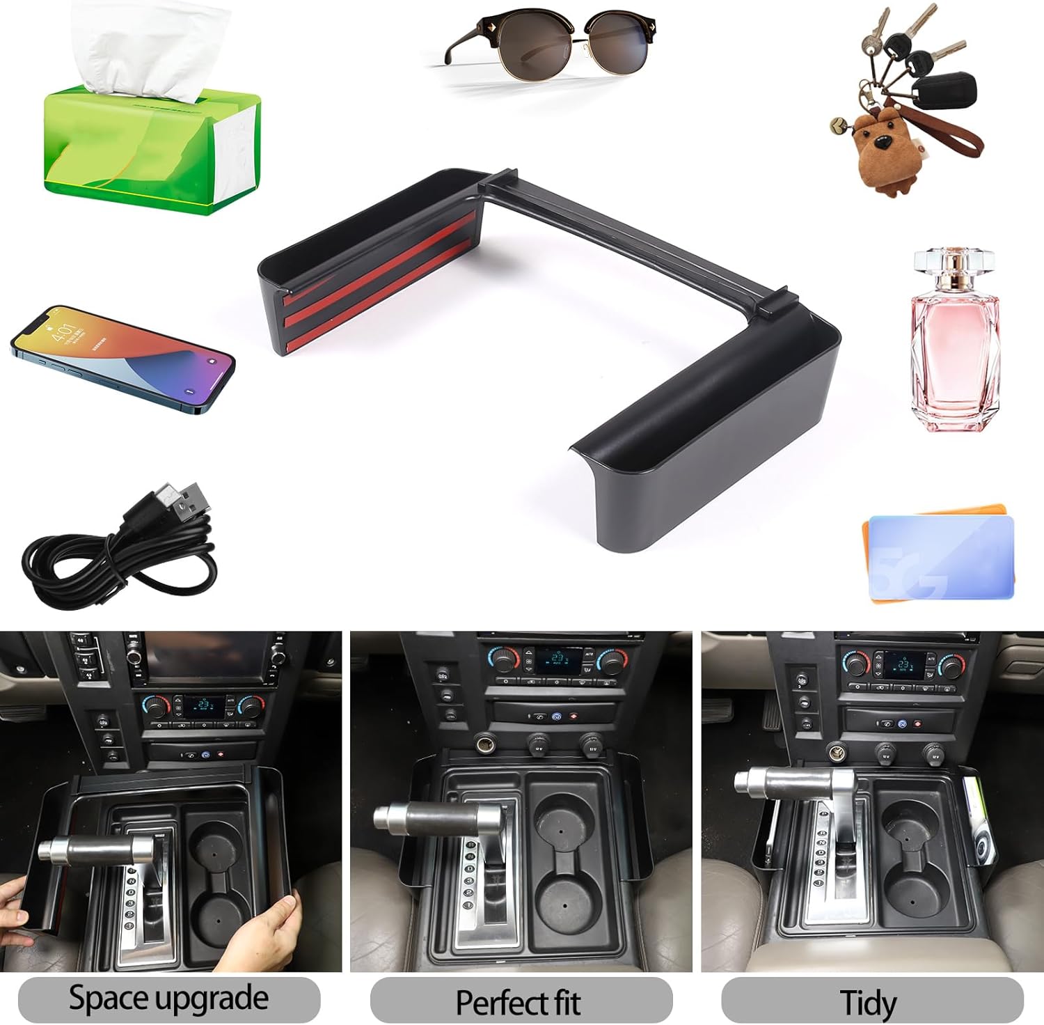 Lcojicep Gear Tray Center Console Gear Shift Storage Organizer Compatible with Hummer H2 2003-2007 Car Interior Accessories, Shifter Storage Box, Gear Shift Console Side Tray