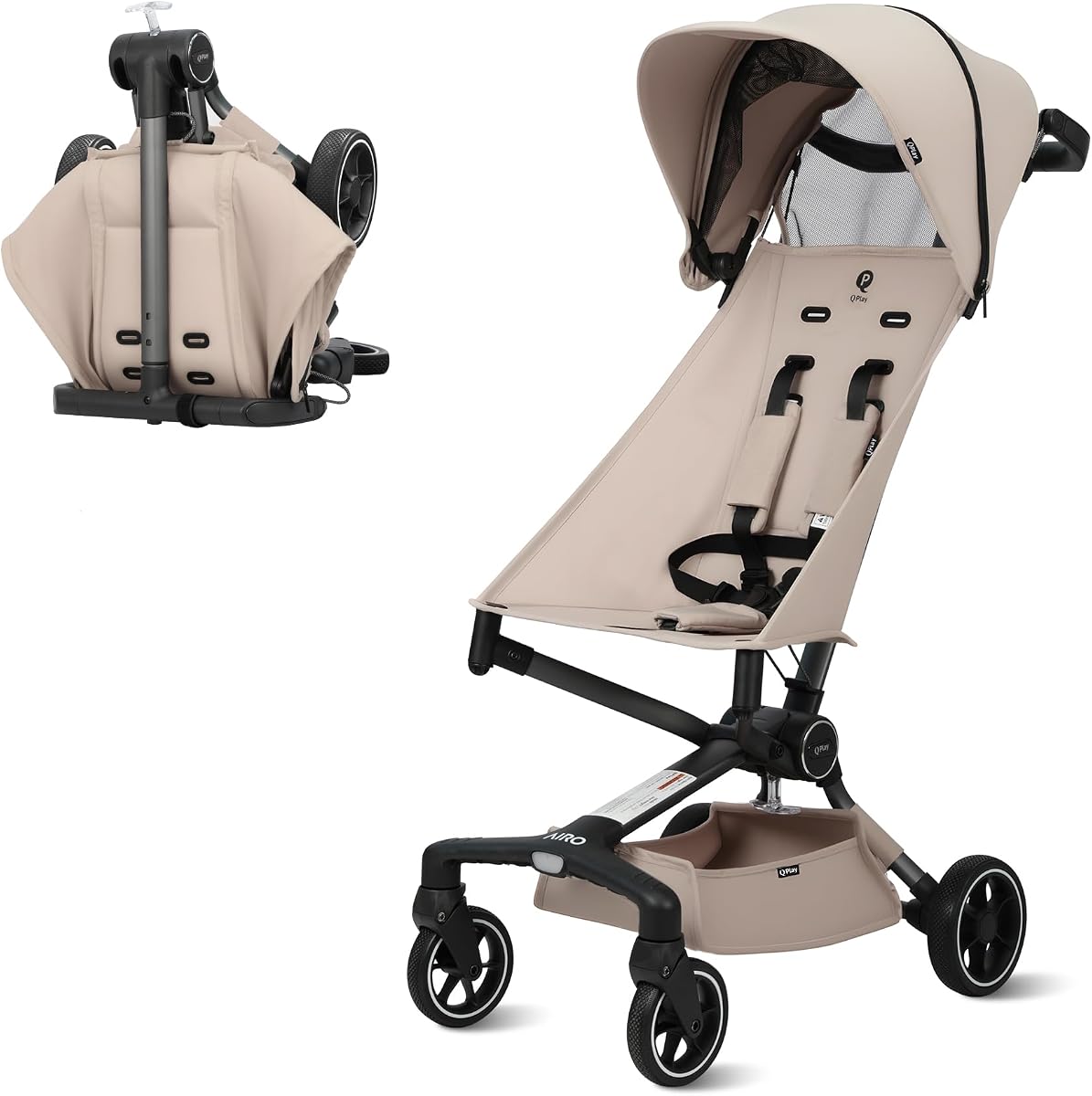 QPlay Travel Stroller for Baby & Toddlers Ages 6 Months to 4 Year Old – 9.48lbs Lightweight & Ultra-Compact Umbrella Stroller with One-Hand Fold, Airplane Carry-on Size, Reclining Seat (Beige)