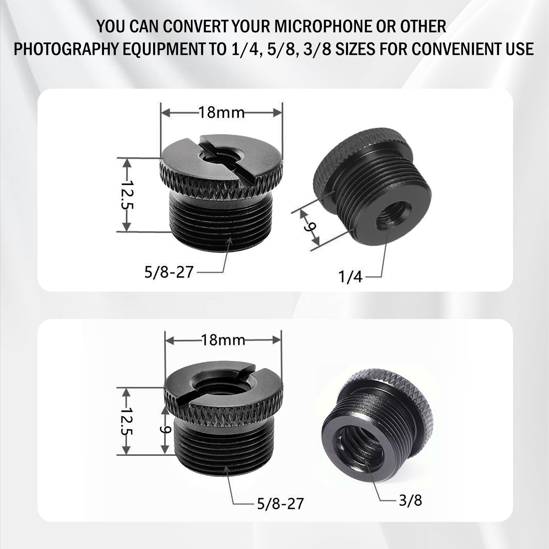 Adaptadores De Rosca Para Micrófono | Pack De 4 Unidades | Conversiones 5/8 A 1/4, 3/8 A 5/8, Etc. | Aleación De Aluminio Plateada