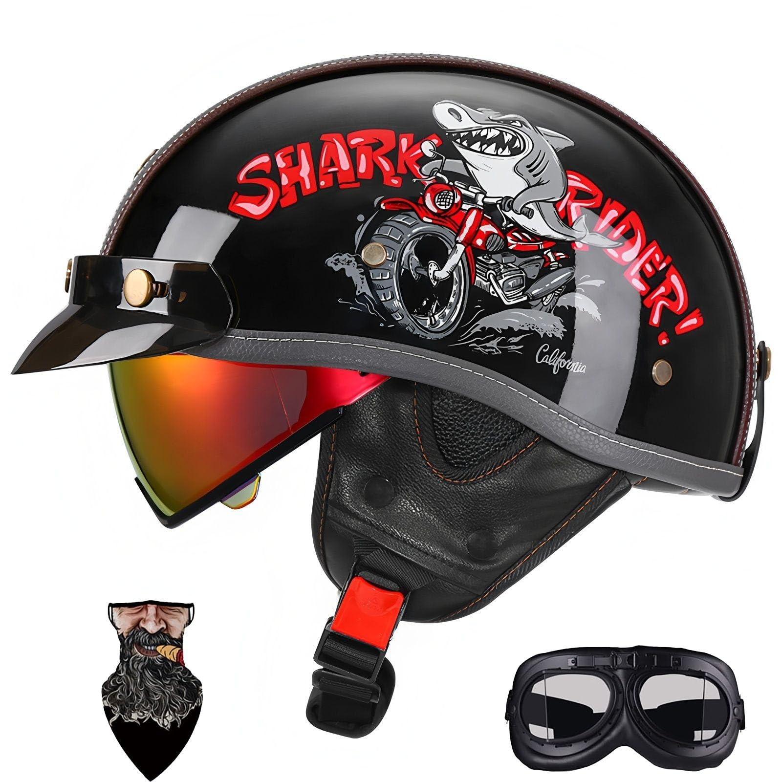HALYING German Helmet ABS Half Open Face Motorcycle Helmet Adult Men Women Motorbike Helmets Drop Visor Quick Buckle EPS DOT Approved Half Shell Men Women Motor Bike Helmet Men (55-62cm)