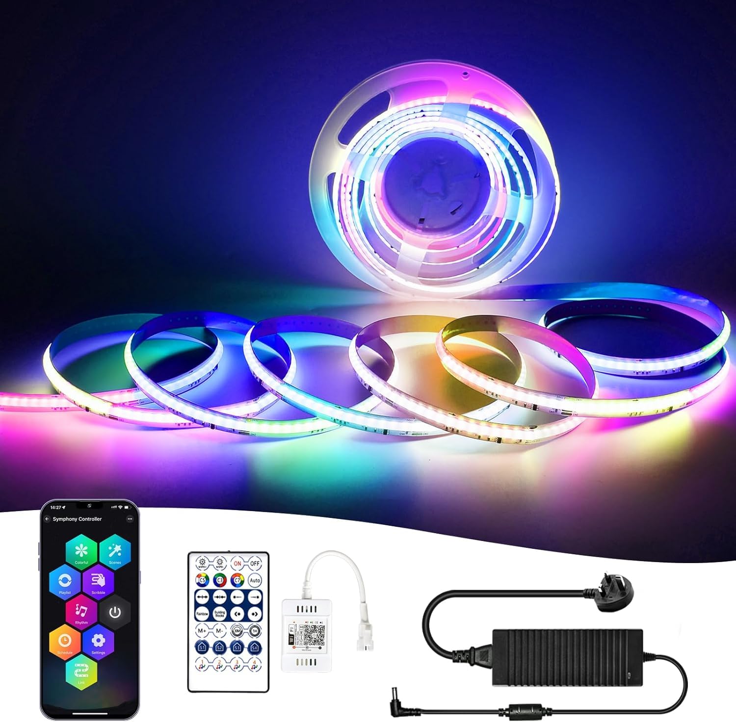 Smart RGBIC COB LED Strip 10M,Colour Changing LED Tape Lights,DC24V,10mm Width,Multicoloured Flexible Lights with APP Control,Work for Alexa for Home DIY Lighting