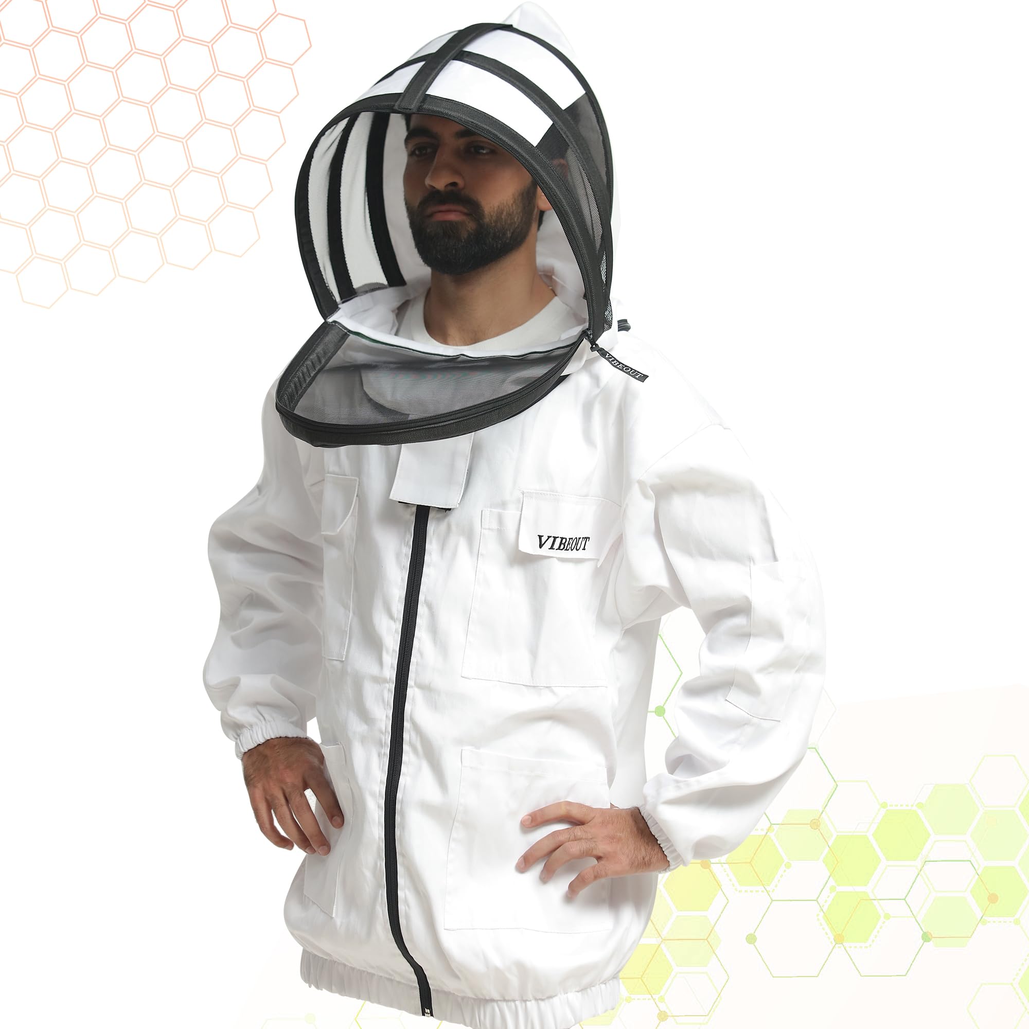 Giacca da apicoltore in cotone Giacca da apicoltore professionale Rotonda e scherma Cappuccio con cerniera a doppio velo Cappello Giacca protettiva per vespa a prova di puntura (Bianco, Medium)