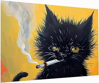 Black Cat Painting, Cat Smoking A Cigarette, Cat Wall Art, Black Long Hair Cat Print,Cat Print, Cat Portrait, Unique Gift, Black Kitten Painting,Cat Lover Room Decor, Cat House Decor24x36Unframed