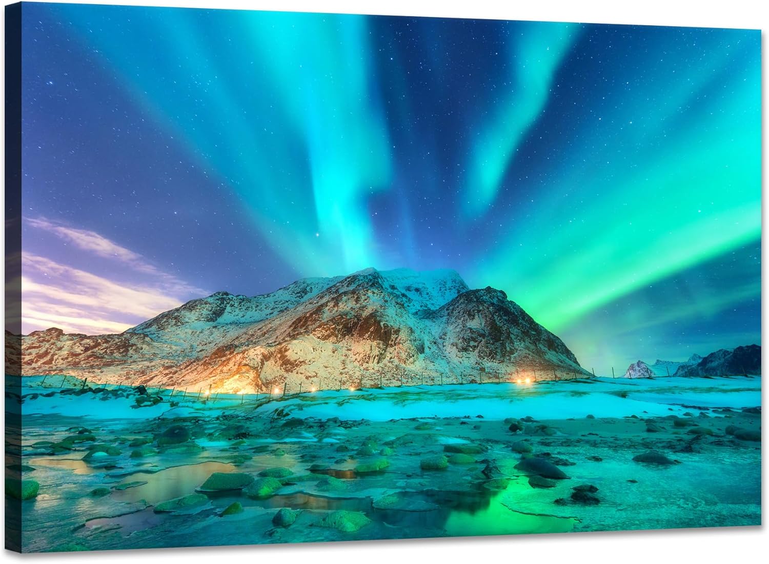 YIOZHAOFH Mountain Landscape Wall Art Northern Lights Aurora Borealis Canvas Pictures Wall Decor for Farmhouse Alaska Home Office Art Print Ready to Hang(16" L x 24" W)