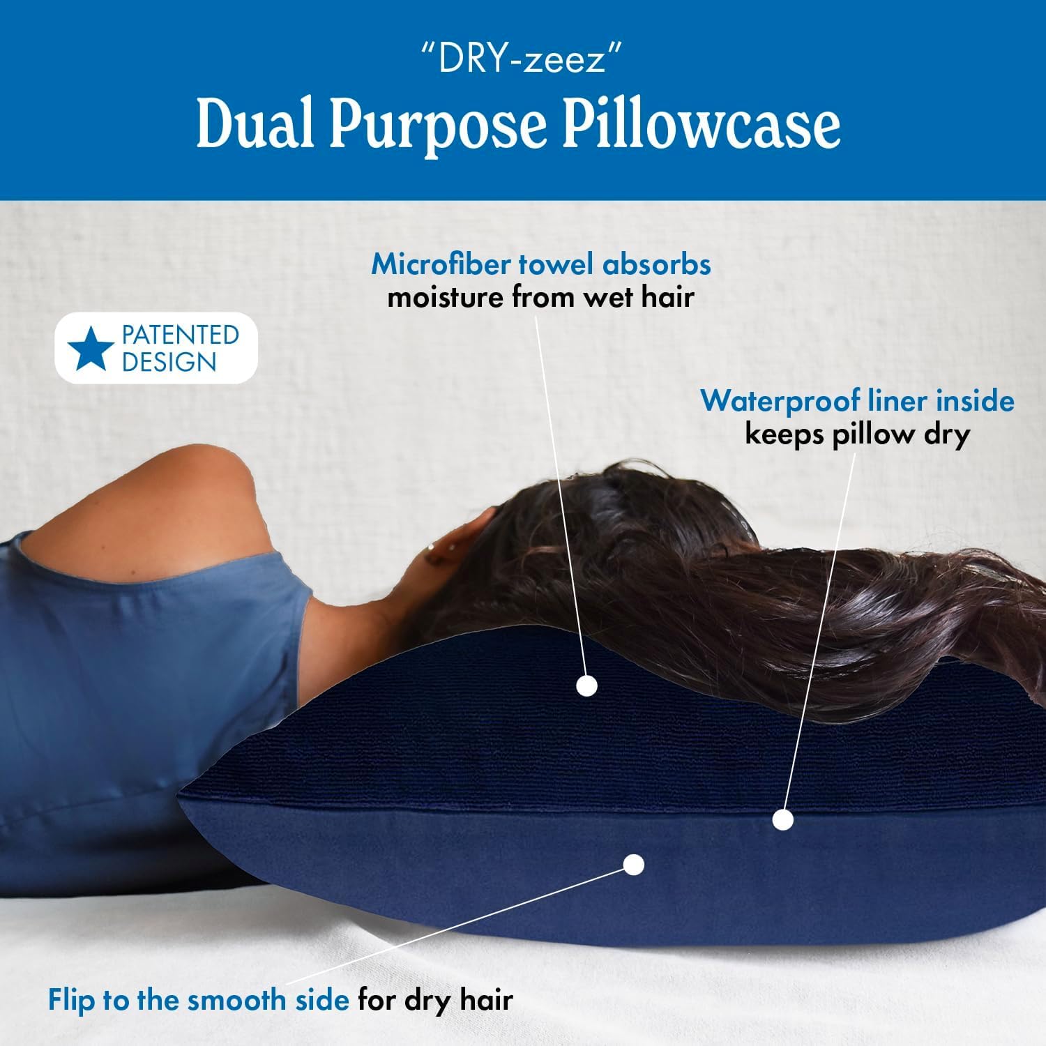 DryZzz Waterproof Pillow Protector Cooling Pillow Case 29"x19" 1pc Navy Blue Standard Size, Absorbent Towel Pillowcase Dual-Sided Wet & Dry Hair, Sweat Proof Pillow Protector, Hair Drying Pillowcase