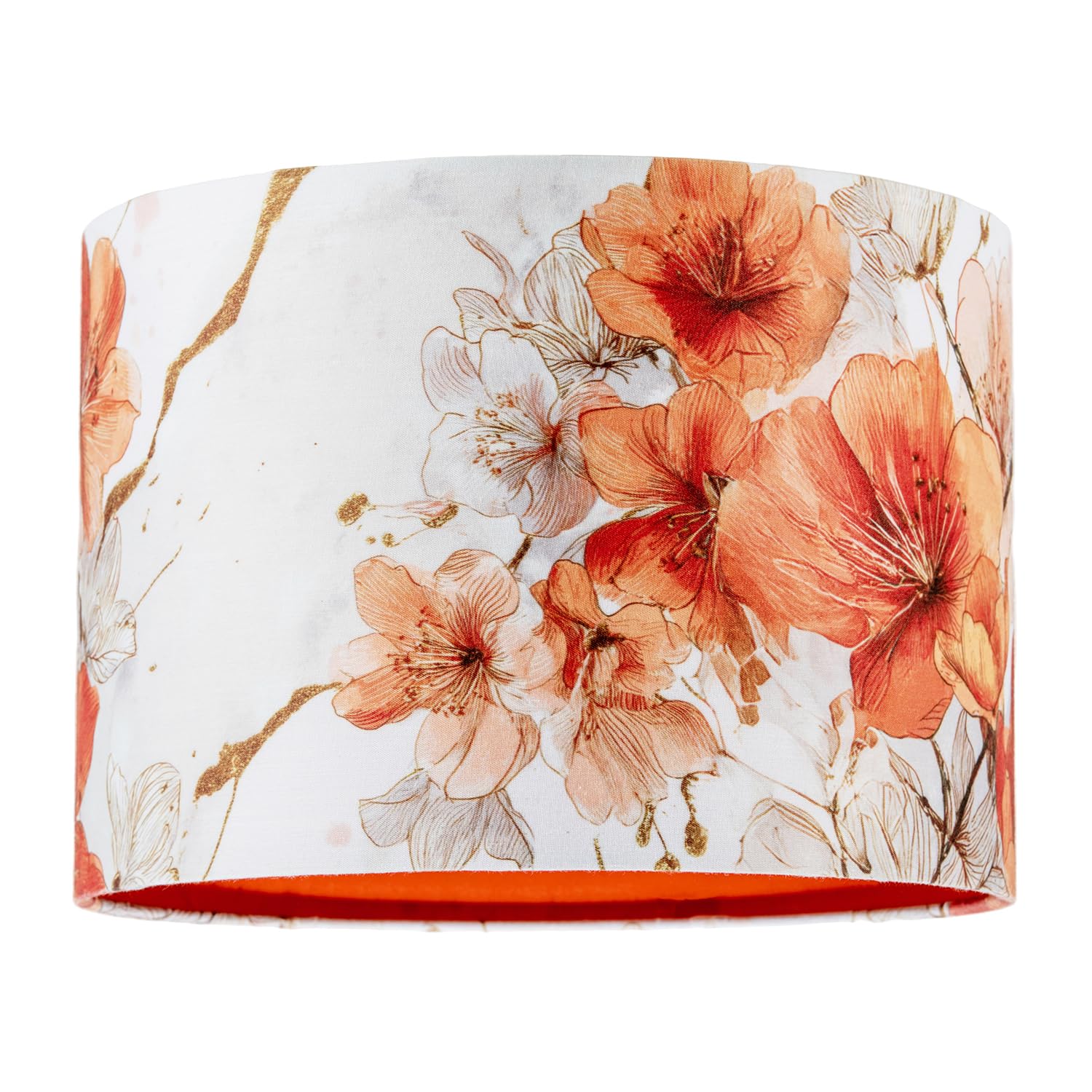 Elegant and Chic Orange and Gold Floral Watercolour Cotton Fabric Lamp Shade with Inner Lining | 18cm x 25cm | Beautiful Design for the Home by Happy Homewares
