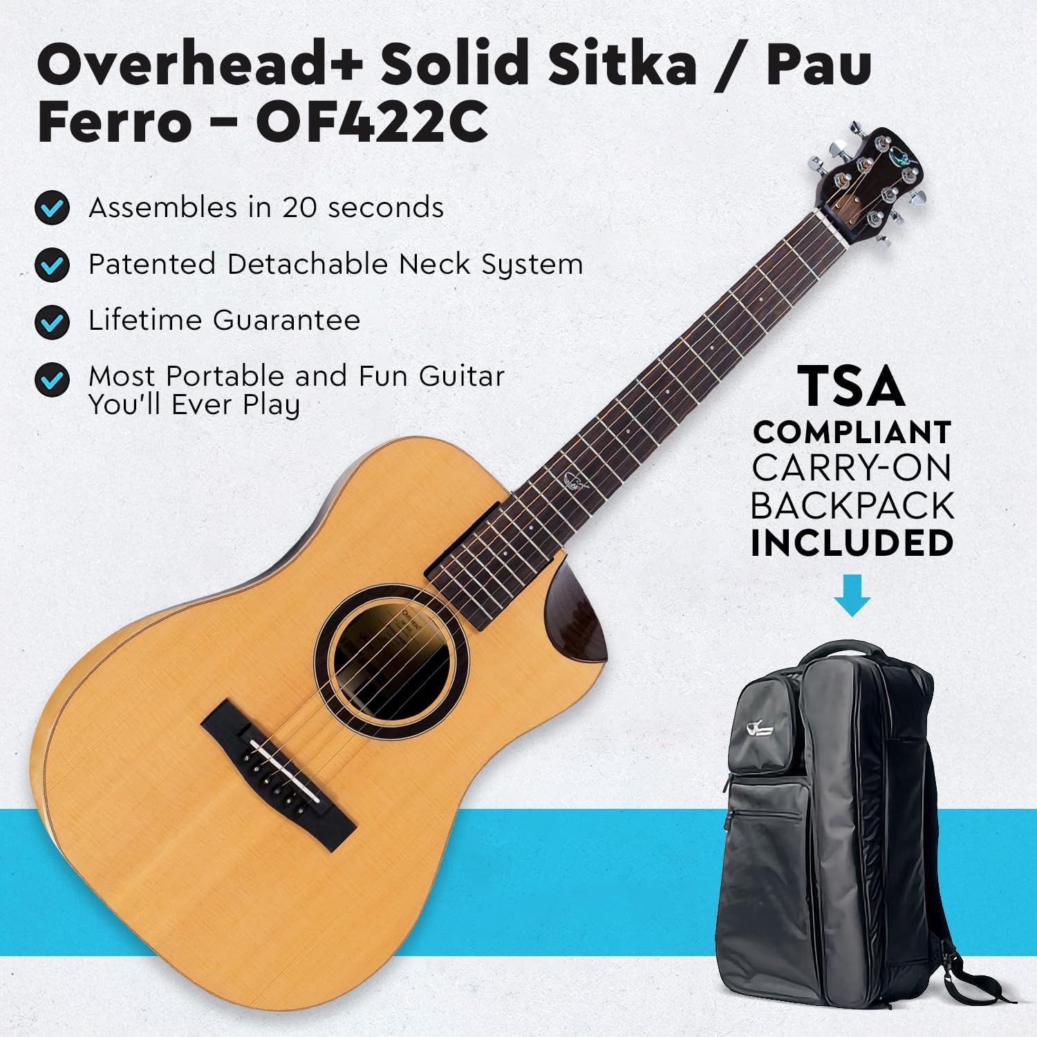 Journey Instruments Solid Sitka Travel Guitar – Upgraded OF422C Traveling Acoustic-Electric Guitar with Collapsible Patented System – Portable Backpack Case (Overhead)