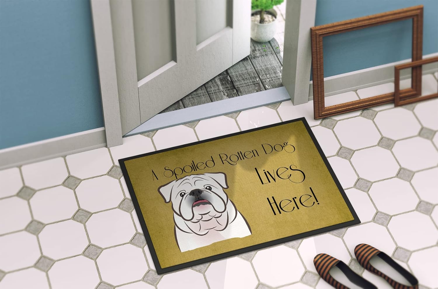 Caroline's Treasures BB1468JMAT White English Bulldog Spoiled Dog Lives Here Doormat 24x36 Front Door Mat Indoor Outdoor Rugs for Entryway, Non Slip Washable Low Pile, 24H X 36W
