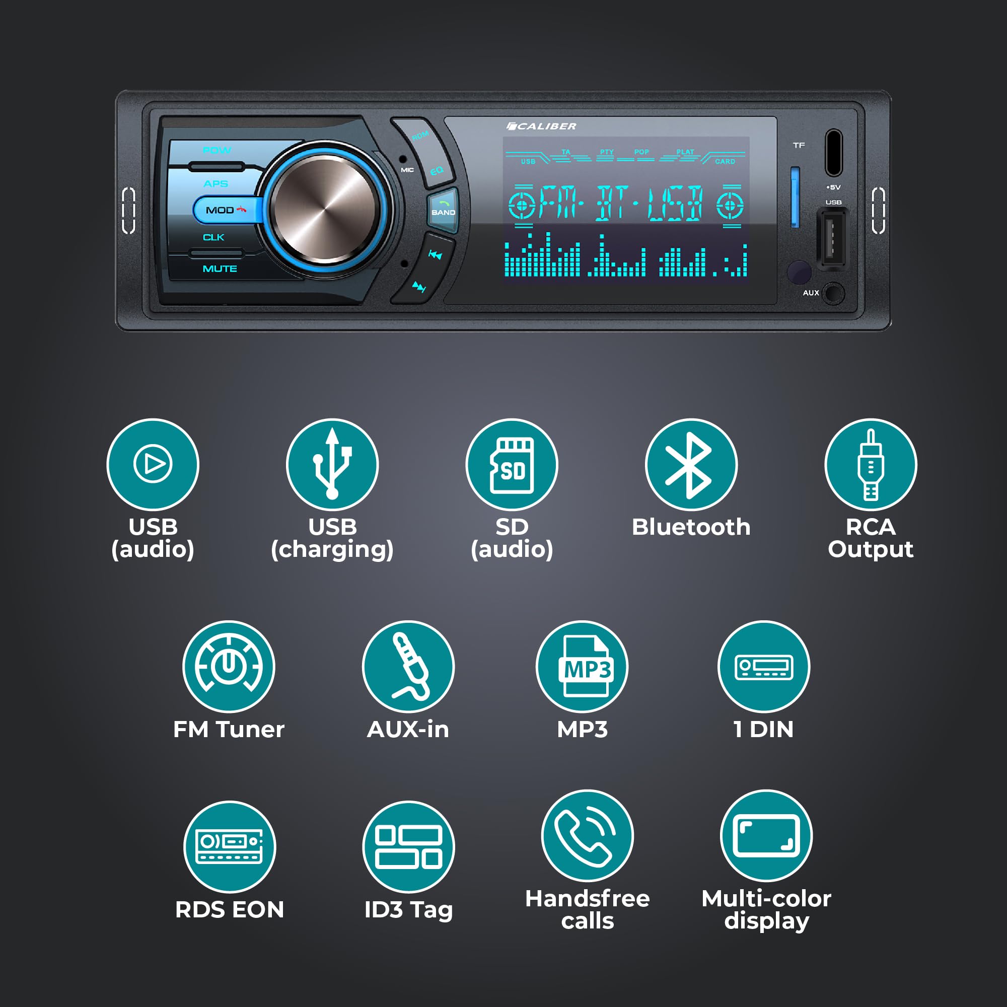 Caliber Autoradio Bluetooth & USB, 1-DIN, Kit Mains-Libres, 4x75W, Multicolore, 85mm de Profondeur, INCL. Micro Externe & télécommande (RMD057)