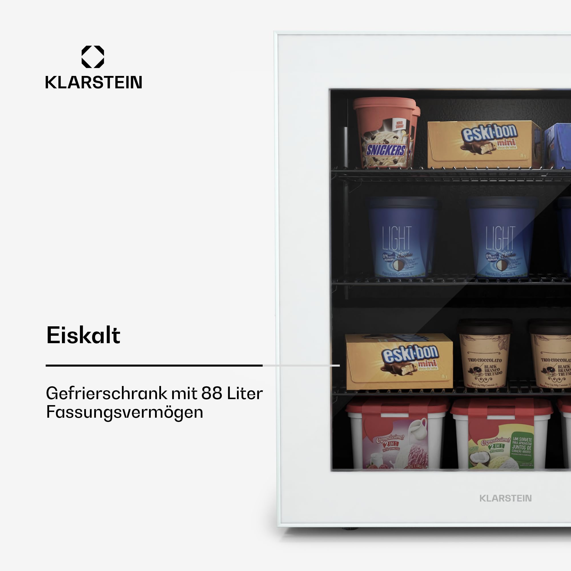Klarstein IceAge 88 Mini Gefrierschrank, 88 L, Temperatur 0 bis -18 °C, LED-Innenbeleuchtung, 3 Einlegeböden, Energieeffizienz E, Kompakt & Sparsam, Kleine Gefriertruhe, Weiß