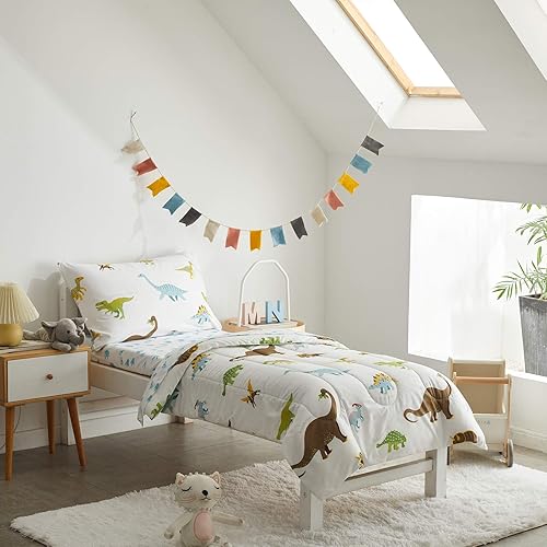 Miniatura 4 de Juego de ropa de cama de 4 piezas para niños pequeños, dinosaurio blanco con dinosaurios coloridos y monstruos, juego de sábanas para otoño e