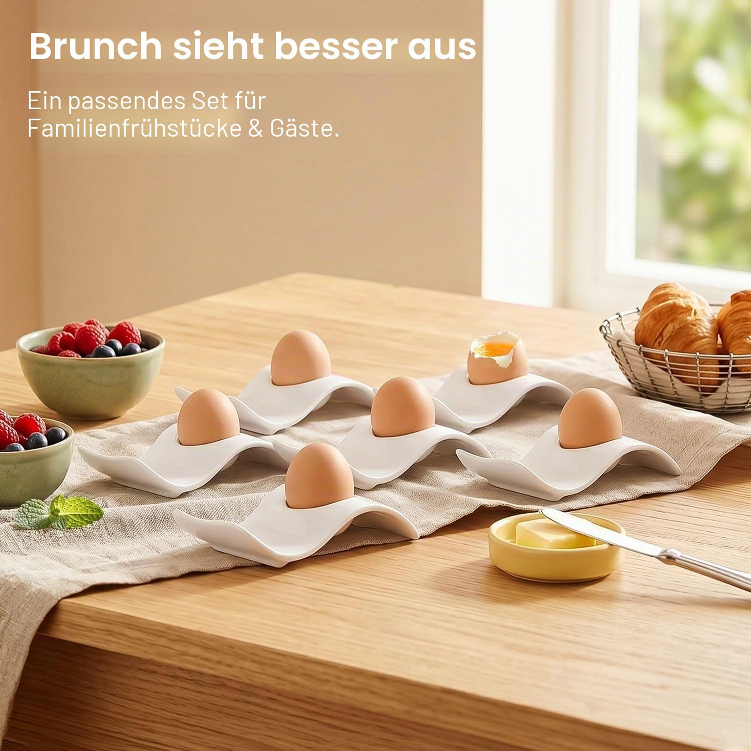 Flexzion Eierbecher für weichgekochte Eier – 6er-Set Keramik-Eierhalter – stapelbare Eierbecher mit Sockel zum Servieren, Frühstück & Brunch – Tischdeko, Wellen