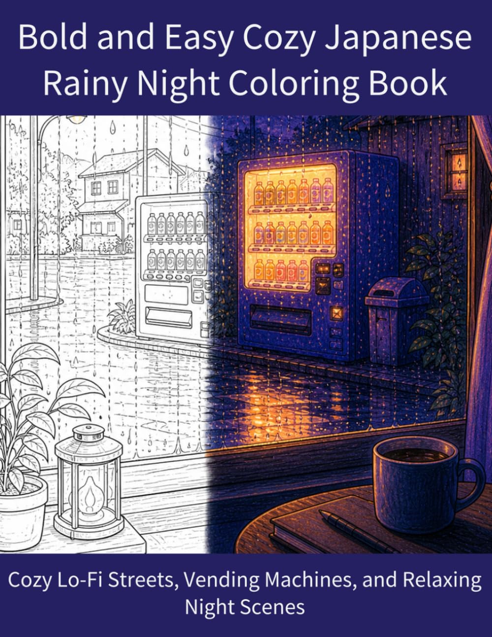 Bold and Easy Cozy Japanese Rainy Night Coloring Book: Cozy Lo-Fi Streets, Vending Machines, and Relaxing Night Scenes
