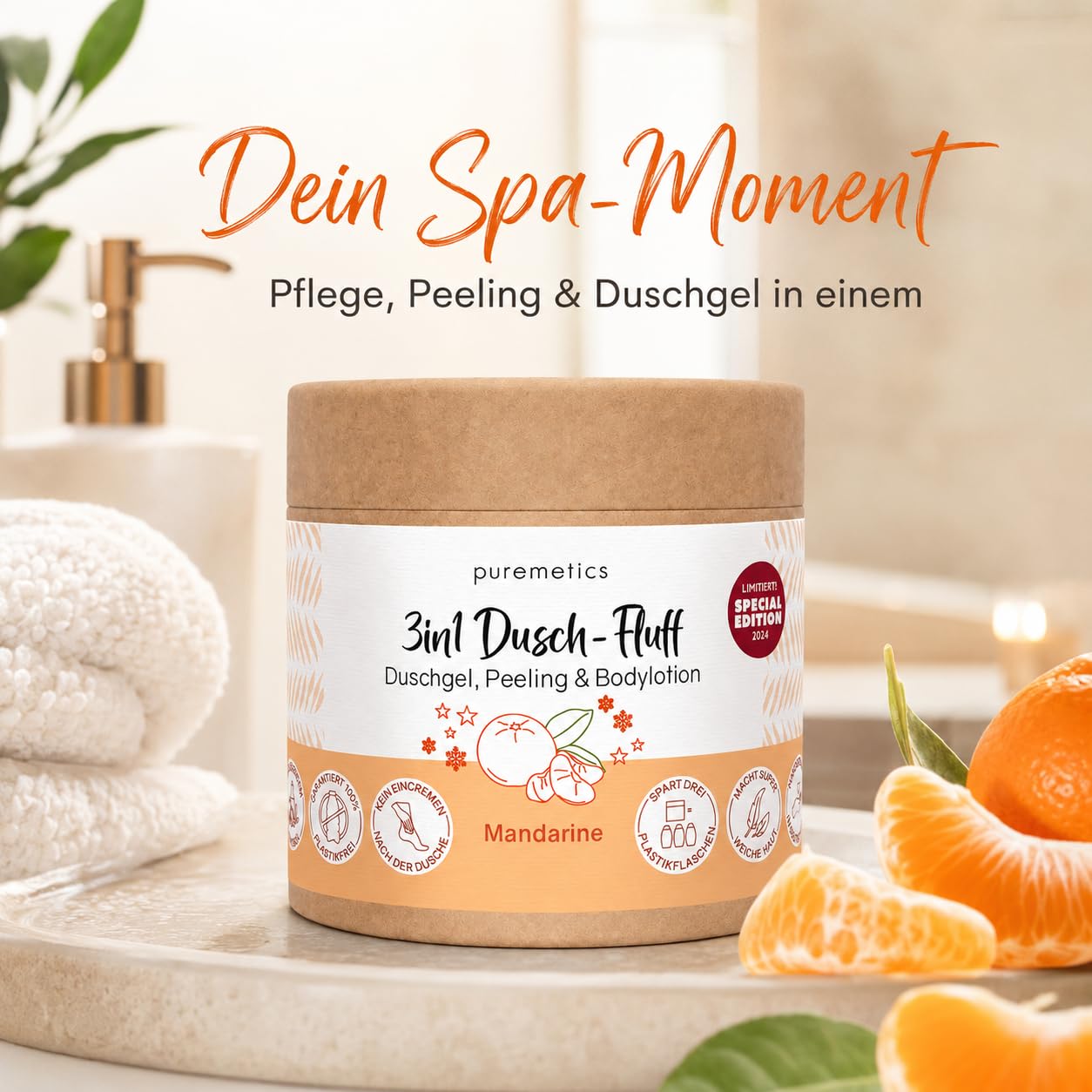 Puremetics 3in1 Dusch-Fluff, Mandarine mit Zuckerpeeling, LE, 250g