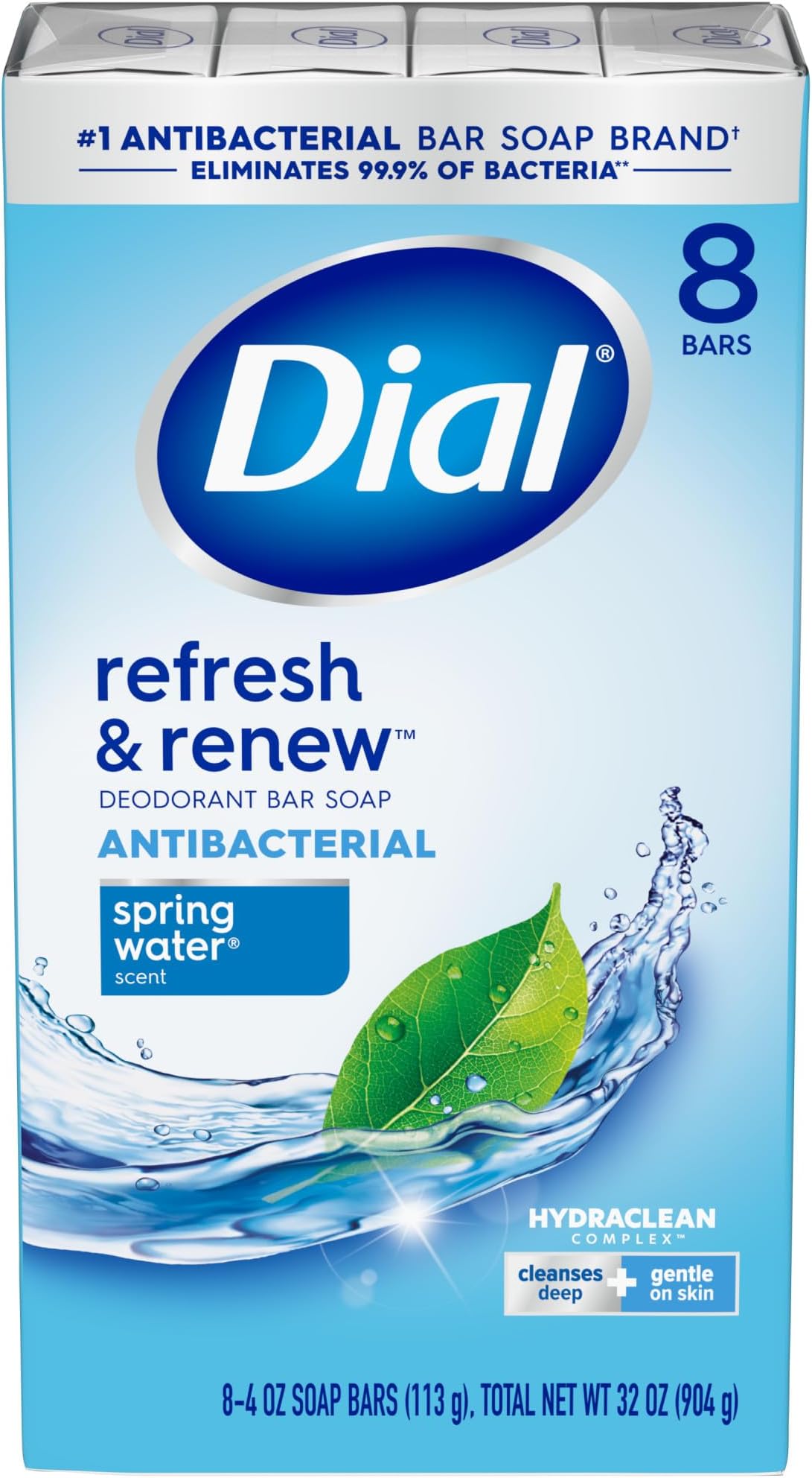 Dial Antibacterial Bar Soap, Refresh & Renew, Spring Water, 4 Oz, 8 Bars
