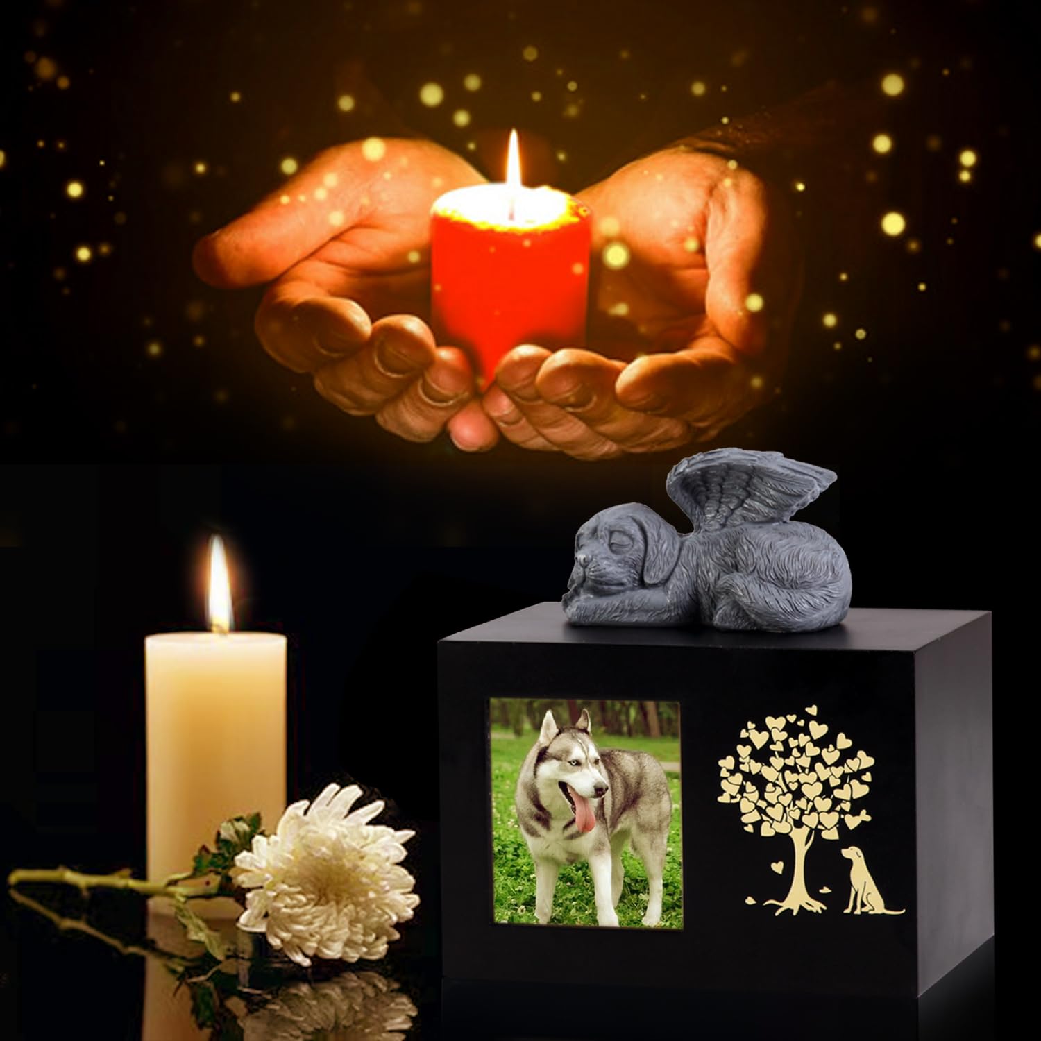 Urne per ceneri per animali domestici per cani, urne funerarie in legno di grandi dimensioni per la cremazione con cornice per foto, scatola commemorativa per ricordo con fodera in flanella