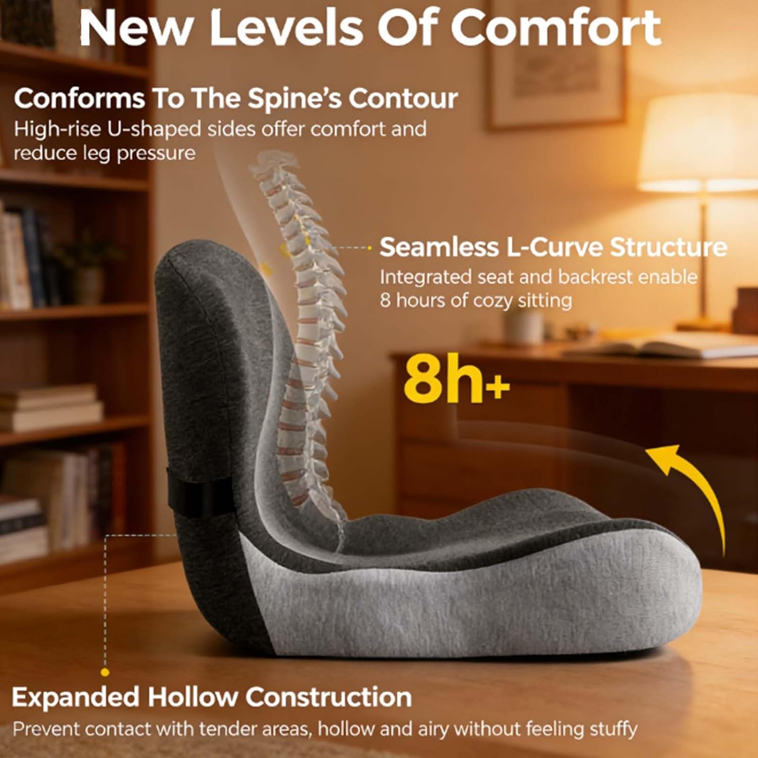 L-Shaped Seat Cushion, Ergonomic Office Chair Cushion for Tailbone Relief, High Density Memory Foam Car Seat Cushion with Adjustable Strap & Lumbar Support for Long Sitting (Black Gray)