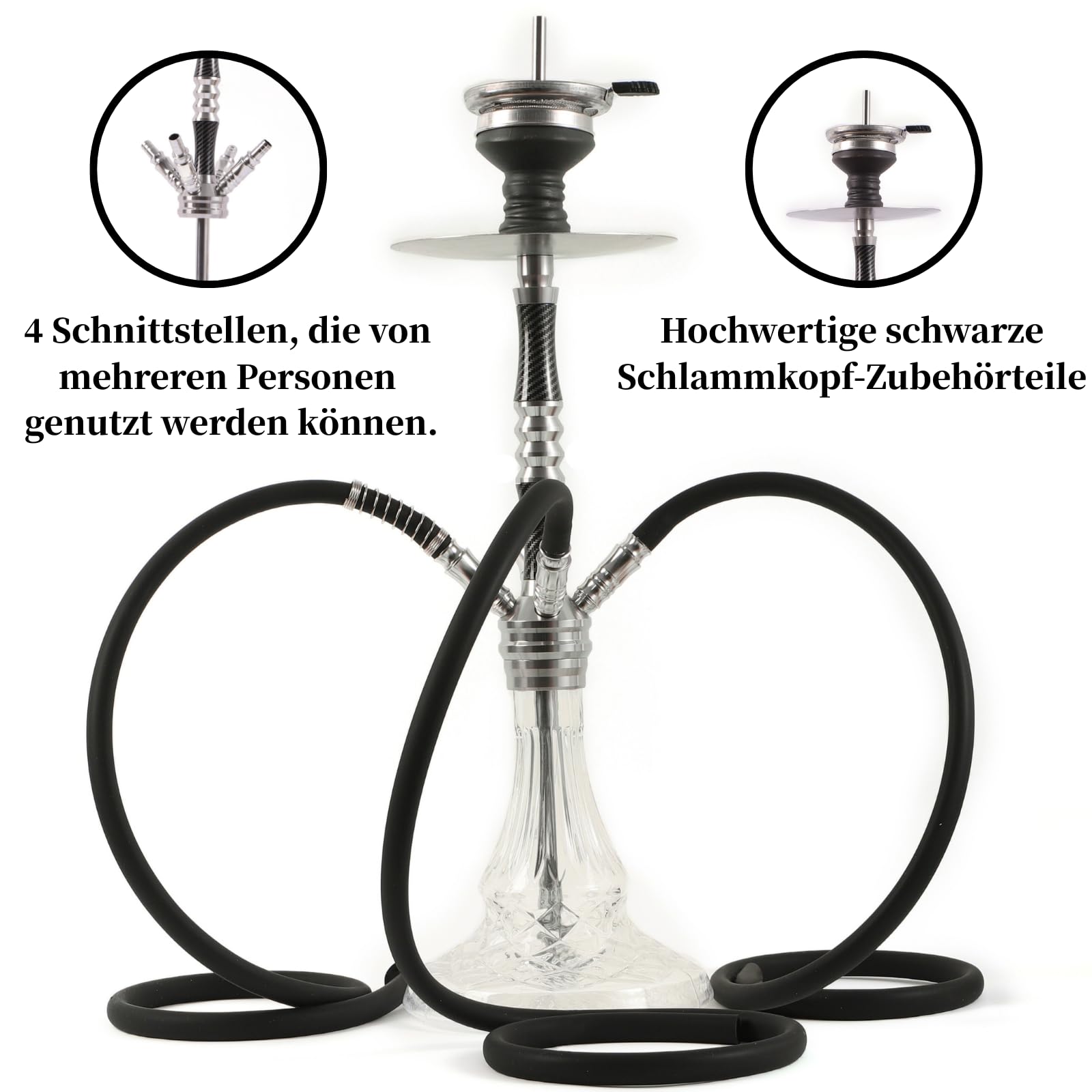 RMAN® Shisha Set Aluminium 66cm Wasserpfeife Komplett 4 Anschlüssen mit Premium Zubehör incl. 3 Shisha Schlauch, Tauchrohr, Kaminkopf, Diffusor, Bowl - Silber