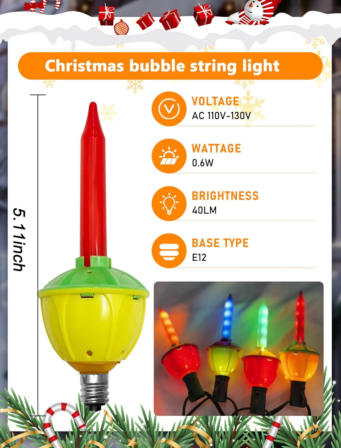 Abeja 8 Pack Christmas Bubble Lights Replacement Bulbs, LED Multicolor Bubble Lights, Bubble Light Replacement Bulbs for Christmas Tree Holiday Celebrations Decor-C7/E12 Base