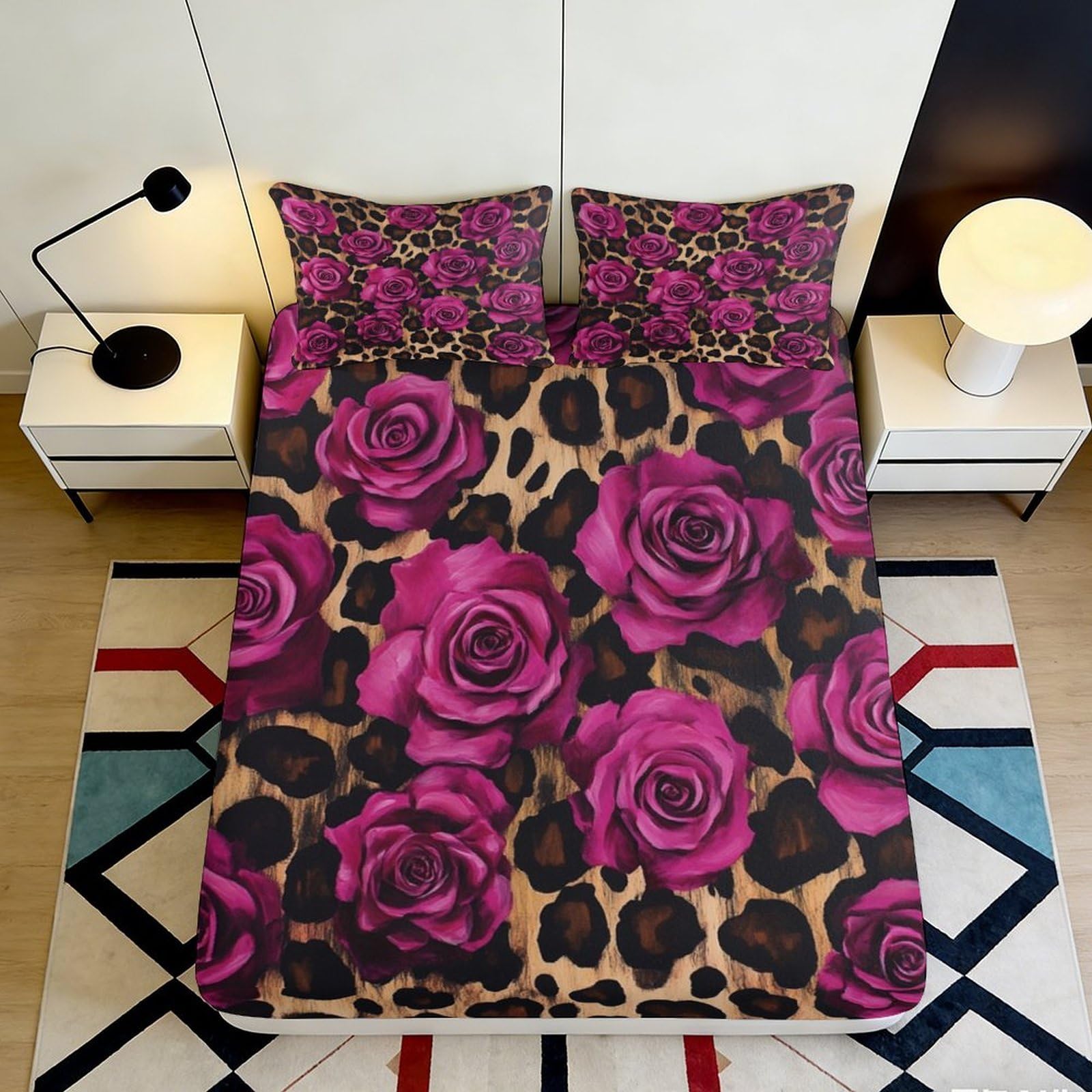 Uynsixtme Style-7 3D Printed Rose Leopard Fitted Sheet Microfiber Deep Pocket Non-Slip Bedroom Bedding Rose Leopard Mattress Fitted Cover Washable 200X200x25cm
