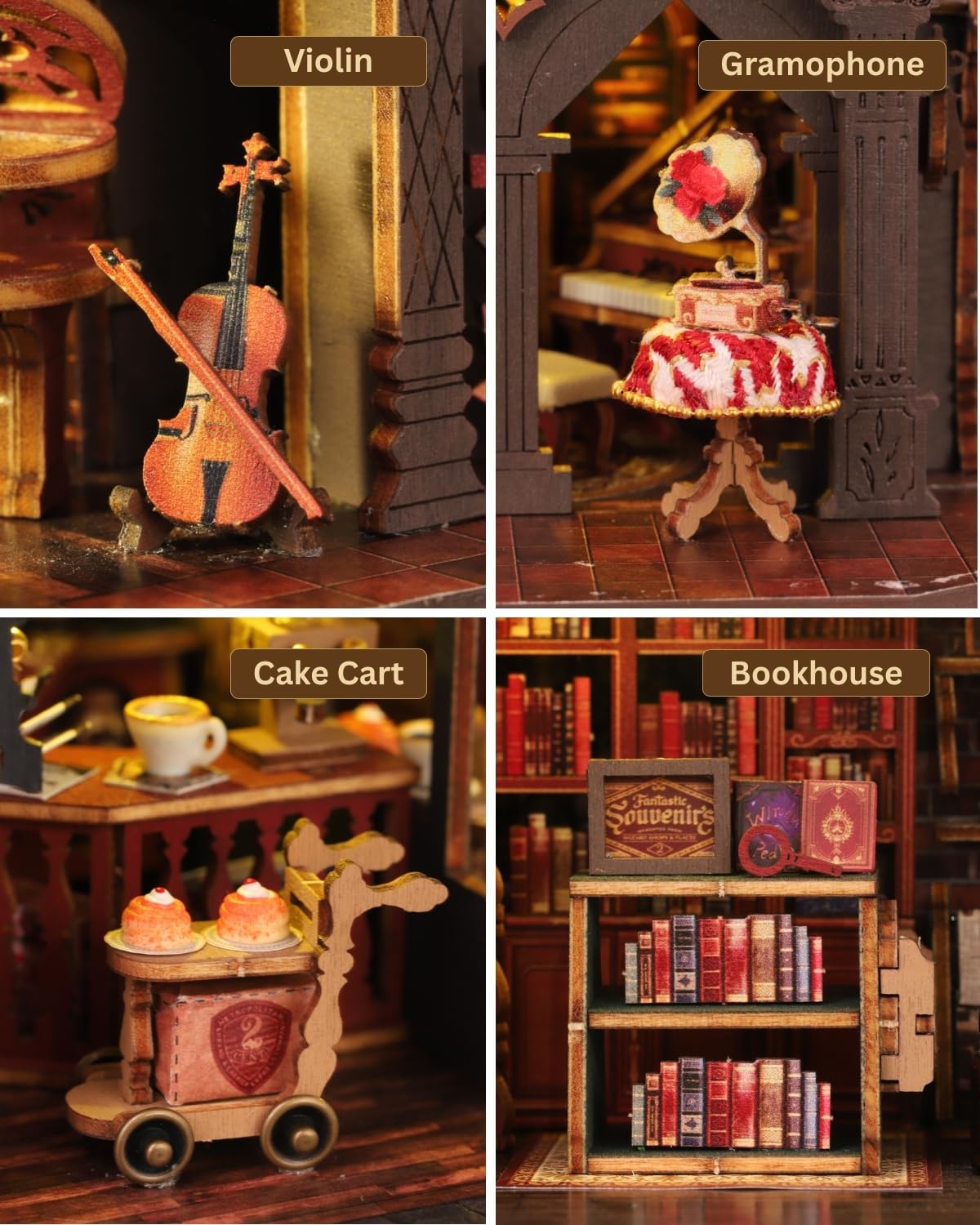 Kit fai da te per casa in miniatura con luce a LED, kit assemblato per decorare mensole, puzzle 3D in legno, piccolo angolo del libro, regalo creativo per adulti a Natale, Halloween