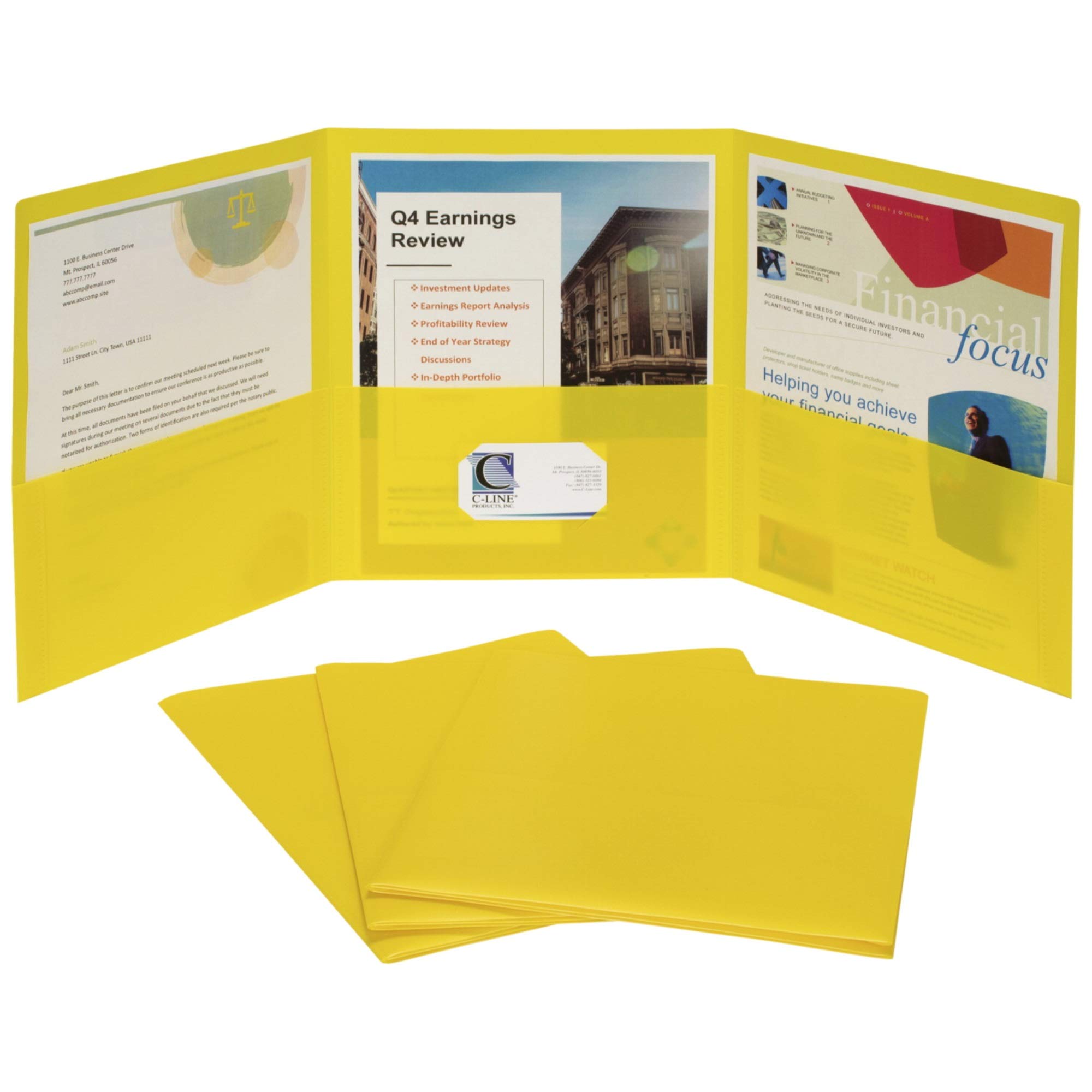 C-Line 3-Pocket Tri-Fold Heavyweight Poly Portfolios, Yellow, Box of 24 (33946-24)
