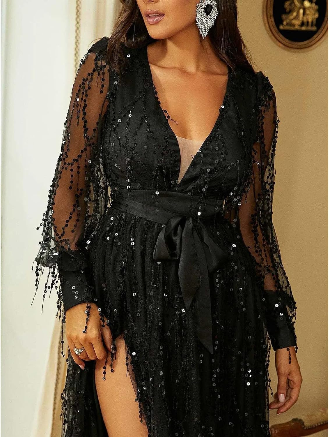 Women Sparkly Sequin Formal Dress,Deep Vneck Slit Wedding Guest Dress