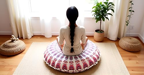 Miniatura 4 de CRAFT KALA Funda de almohada bohemia de 32 pulgadas, tamaño grande, redondo, bohemio, para meditación, con mandala, para adultos, cojín para