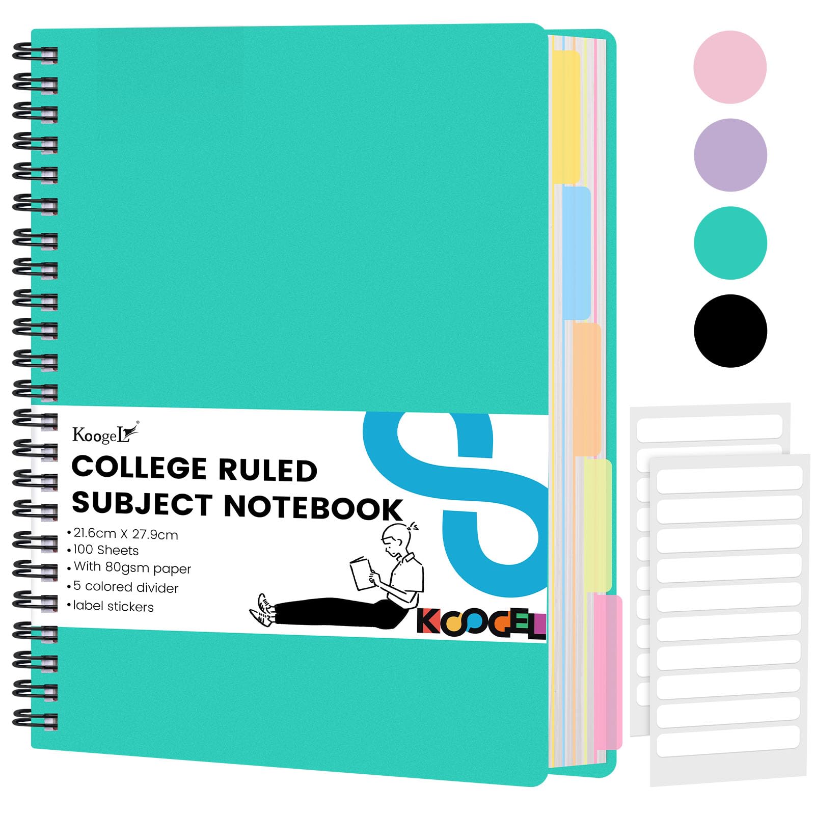 Koogel Green 5 Subject Spiral Notebook with Tabs, 200 Pages College Ruled Perforated 3-Hole Punched