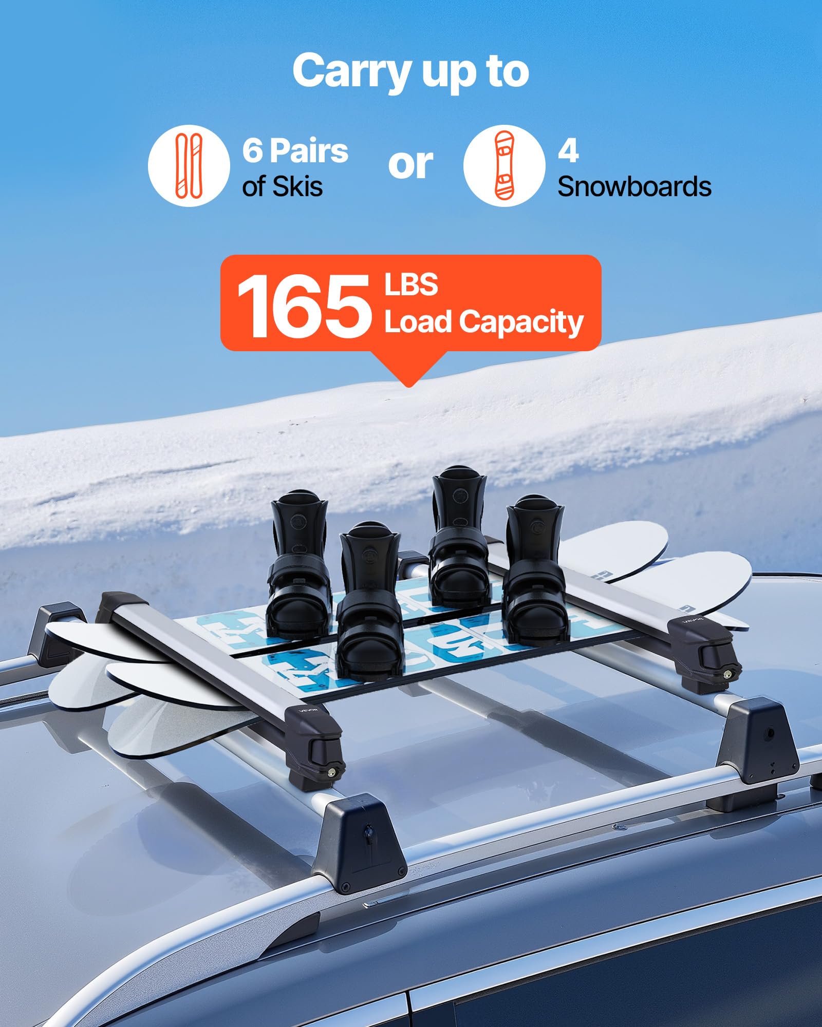 VEVOR Portaequipajes de Techo, para hasta 6 Pares de Esquís/4 Tablas de Snowboard, con Cerradura con Acolchado de Goma, para Transportar Cañas de Pescar y Patinetas, 915 x 85 x 100 mm, Negro