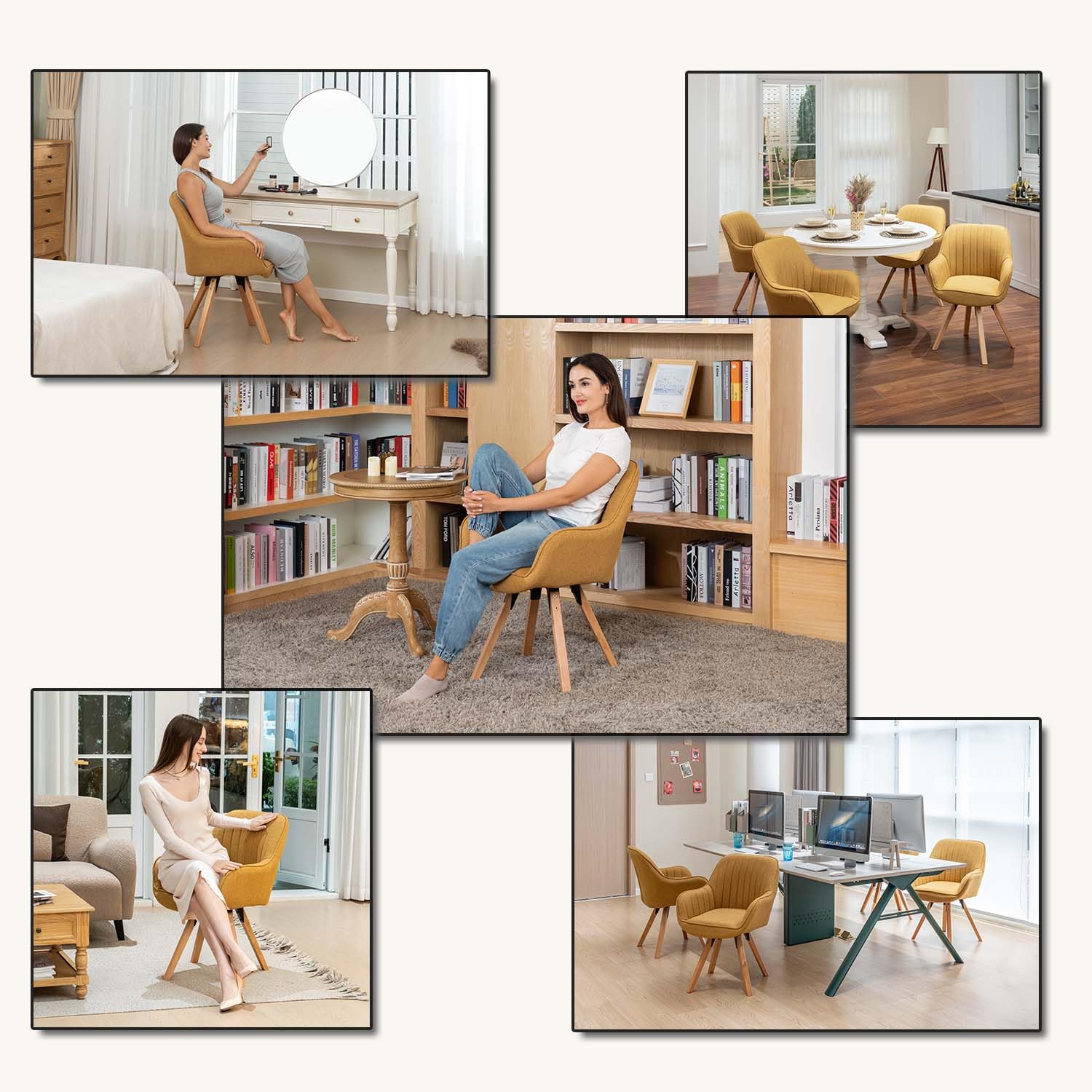 MEUBLE COSY Sedie da Pranzo Girevole a 360° Poltrona da Toelette Imbottite con Schienale e Braccioli per soggiorno cucina ufficio in Tessuto Gambe in Legno, Giallo