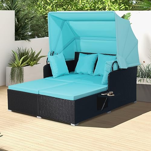 COSTWAY Outdoor Daybed with Retractable Canopy, Wicker Patio Furniture Set