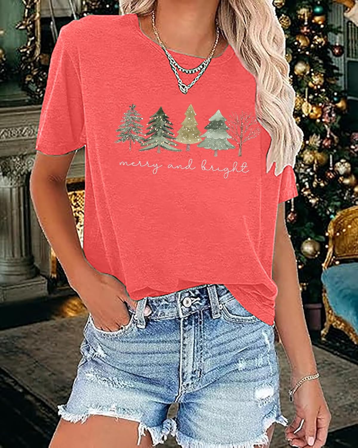 Christmas Shirt for Women Short Sleeve Vacation Crewneck Graphic Tee Tops - Image 3