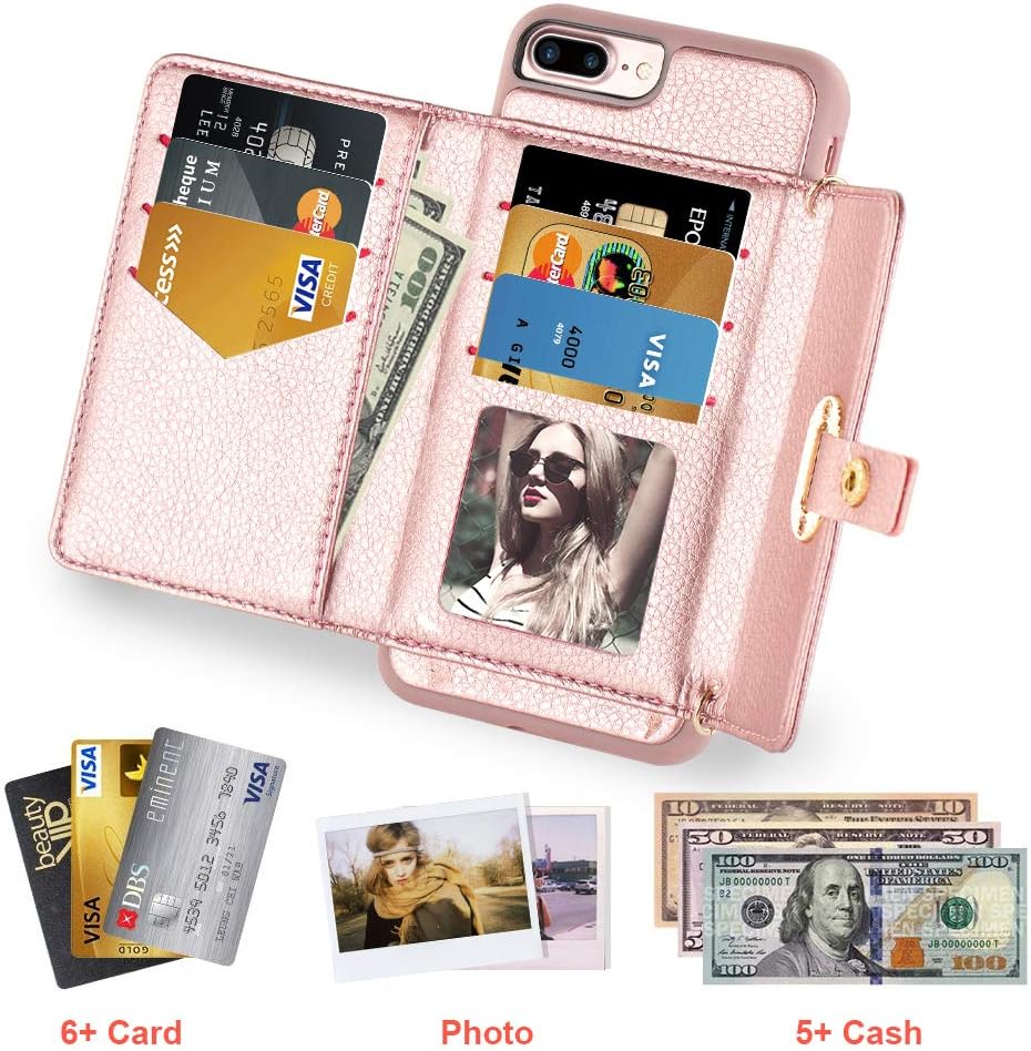 iPhone 7 Plus Wallet Case, LAMEEKU iPhone 8 Plus Leather Case Credit Card Slot Holder Purse Bag with Crossbody Chain Wrist Strap Handbag Protective Cover Compatible for iPhone 7 Plus/ 8 Plus Rose Gold