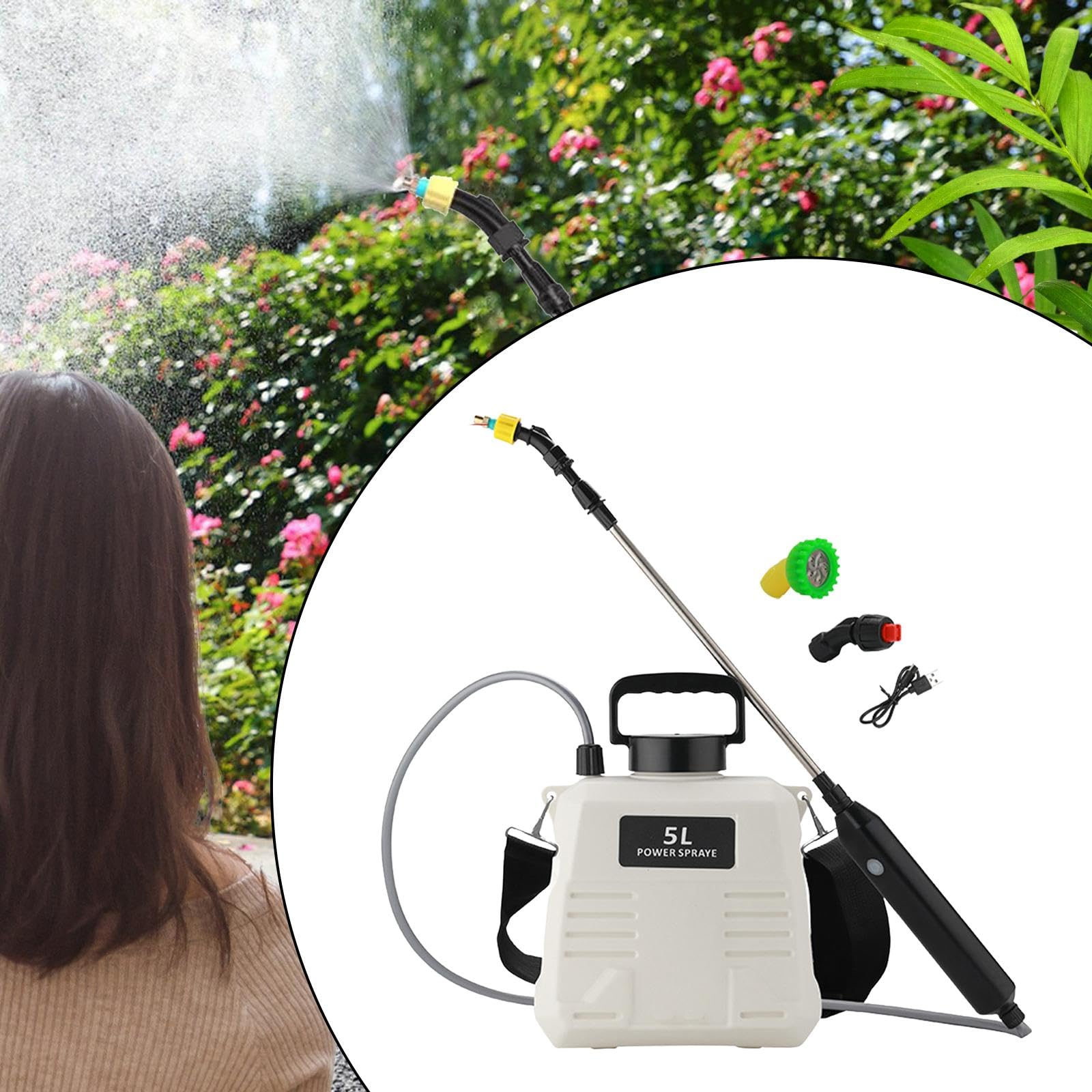 Pulverizador Eléctrico con 3 Boquillas de Niebla, Correa para El Hombro Y Varillas Telescópicas para Riego Exterior, 5L Blanco