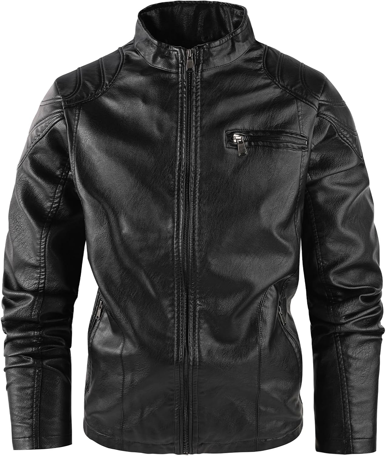 Men's PU Faux Leather Jacket Stand Collar Motorcycle Jacket Waterproof Windproof Zip-Up Vintage Bomber
