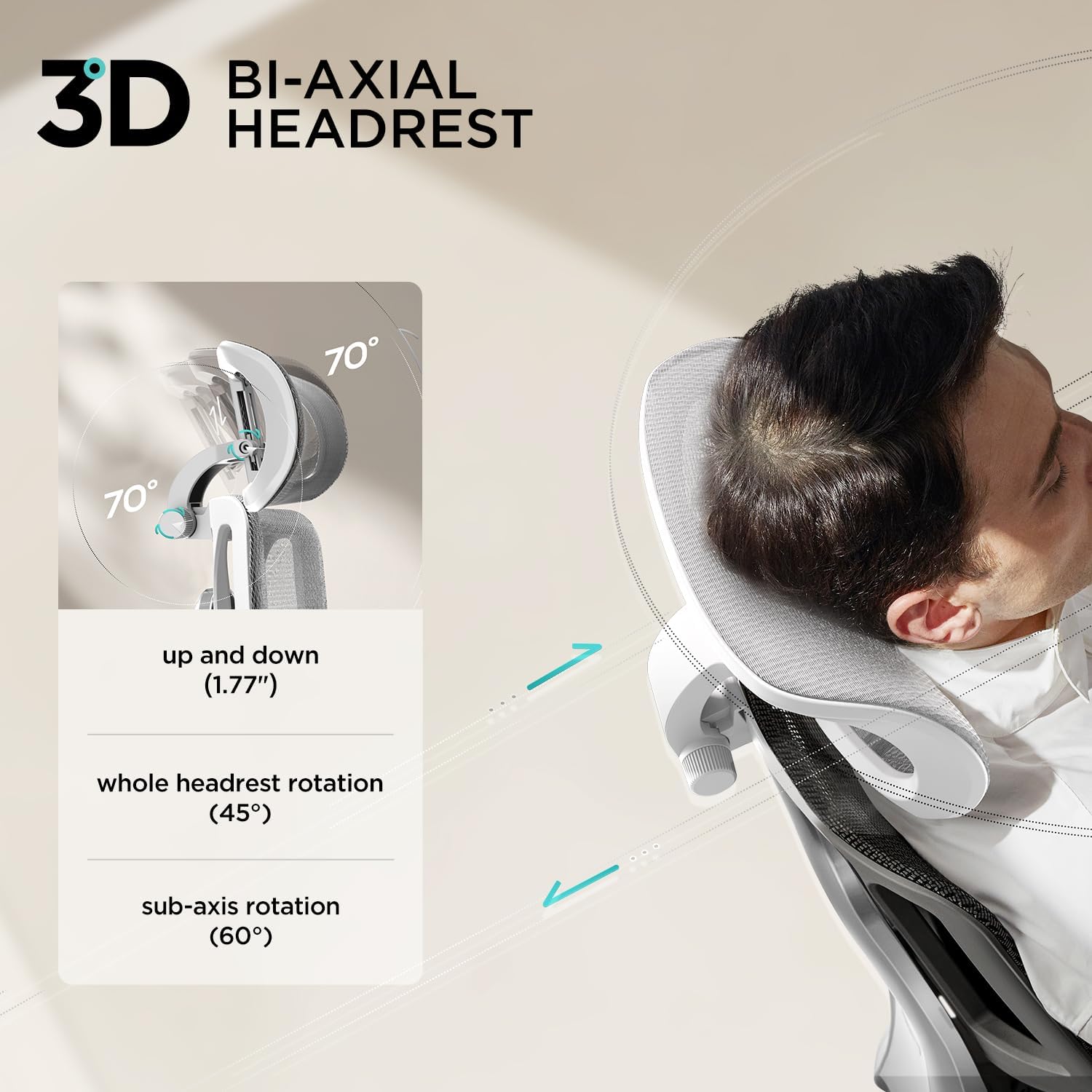 Close-up of 3D Bi-Axial Adjustable Headrest