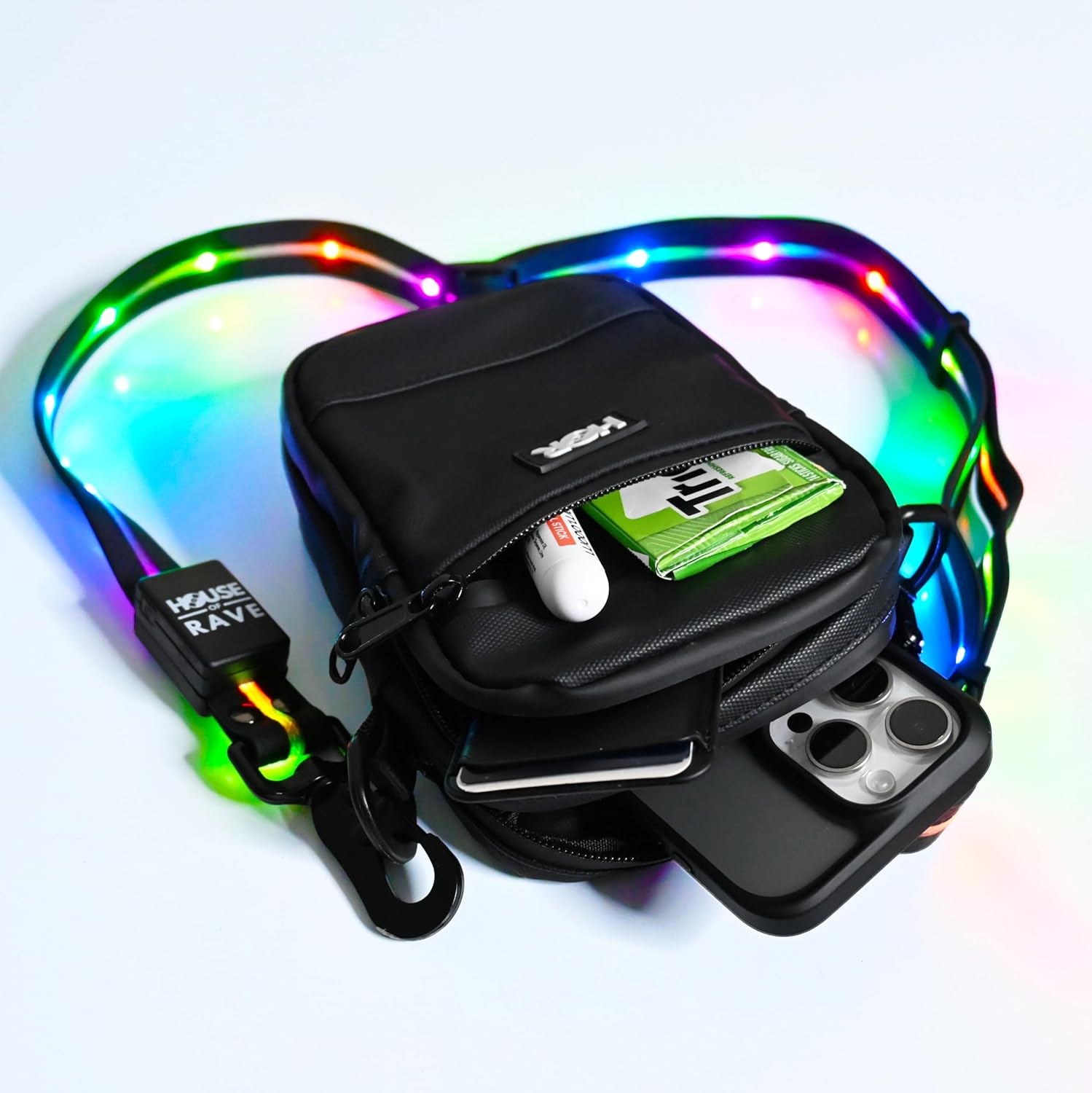 Canvas LED Strap Bag - LED Crossbody or Fannypack (2 Ways to Wear) - Light up Festival Bag for Women & Men - LED Rave Bag, Black