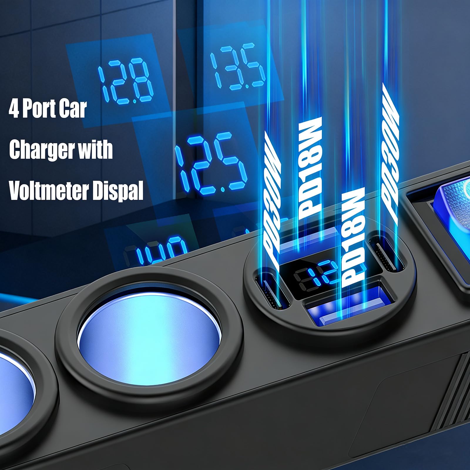 12V Cigarette Lighter Splitter with 10FT/3M Cable, 180W Car Charger Socket Multi 4 USB Port Adapter with LED Display Master and Independent Switch, 12 Volt Power Outlet Plug with Eyelet Terminal - 3