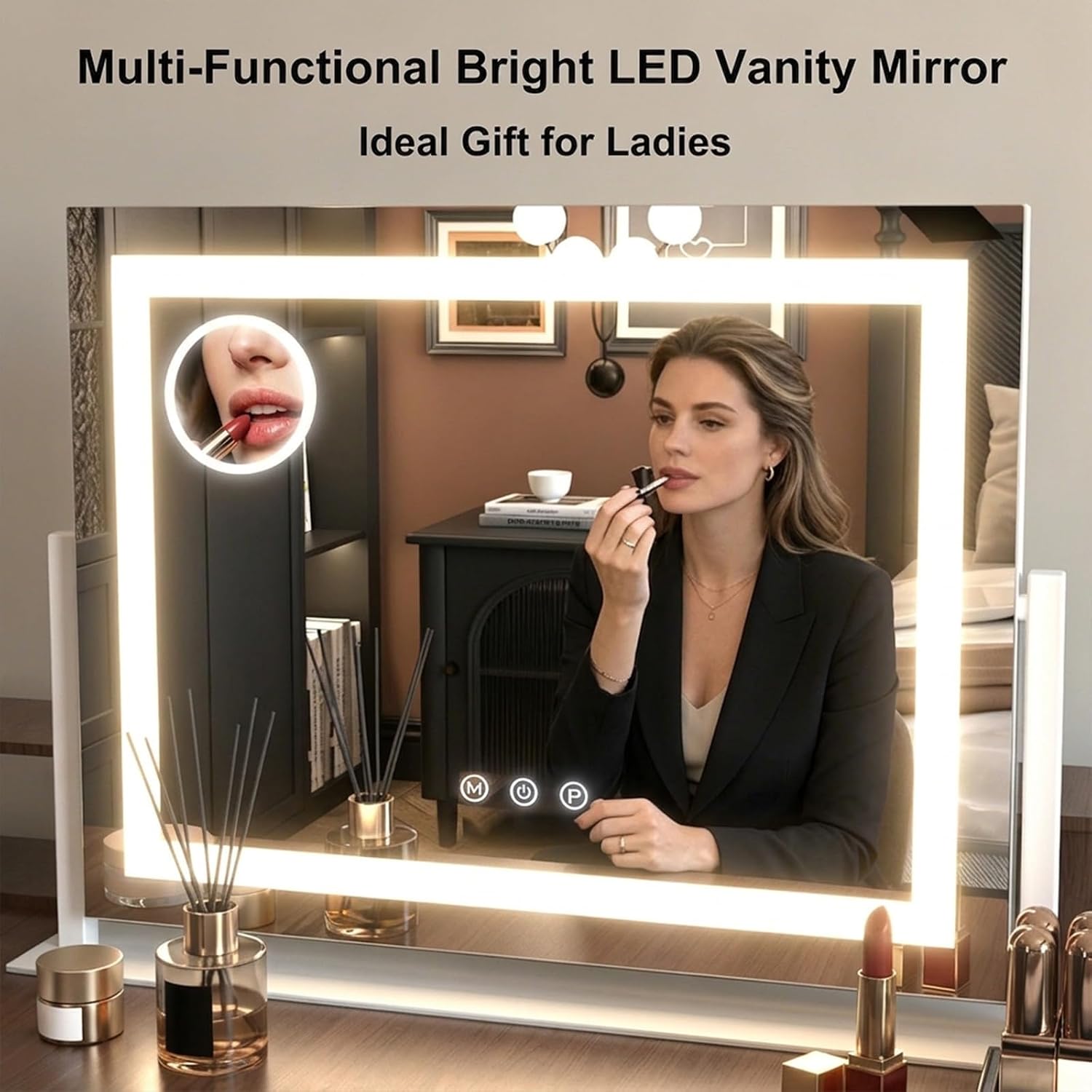 LED Vanity Mirror, 10X Magnification, 3-Color Dimmable Lights