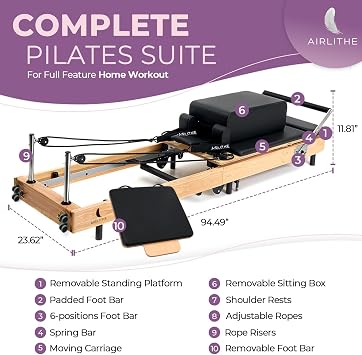 Airlithe Foldable Wooden Pilates Reformer for Home, 70+ Guided Workouts