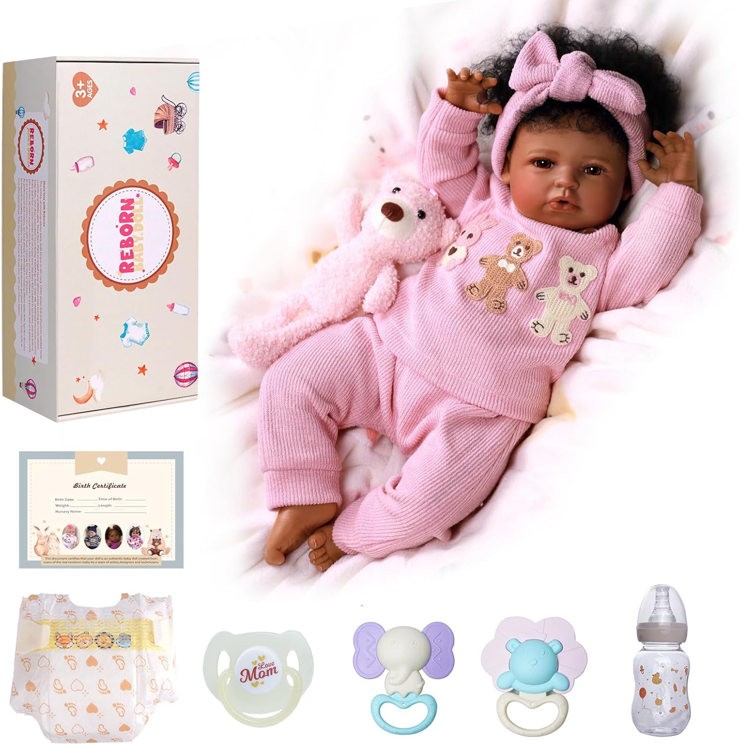 BABESIDE Reborn Baby Dolls Black Girl, 20 Inch Realistic Black Girl Newborn Lifelike Real Life Baby Dolls Soft Vinyl and Cloth Body with Feeding Kit Gift Box for Kids Age 3+