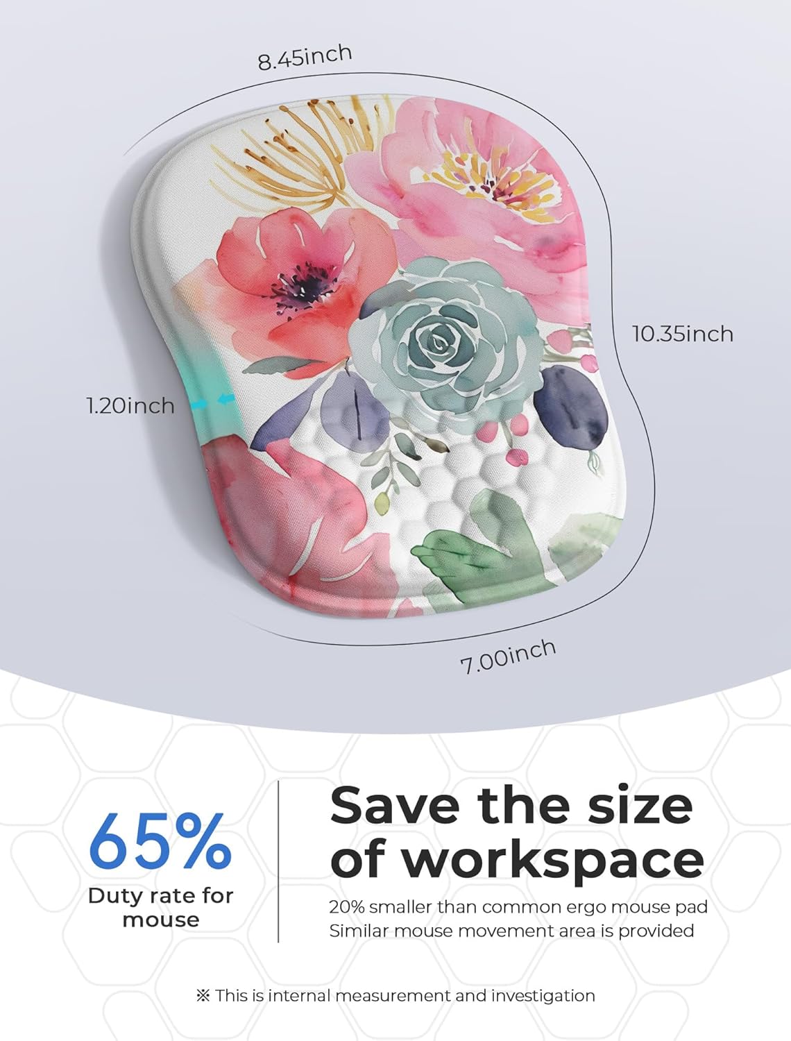 Watercolor Floral Ergonomic Mouse Pad for Carpal Tunnel Pain Relief, 65% Usable Mouse Area, Memory Foam Concave Wrist Rest for Office, PC, Gaming