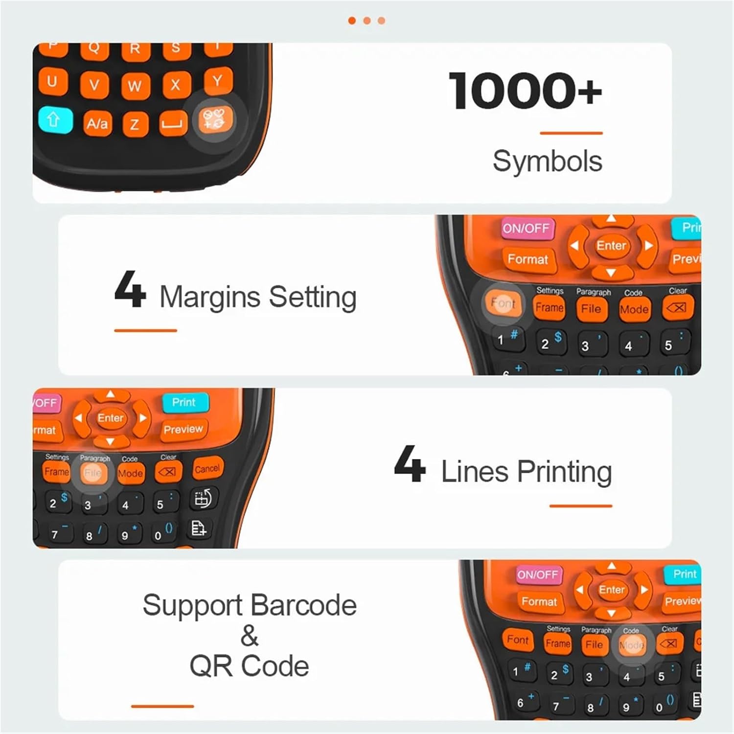 Features of the LKAHYUIBC PS100E Label Maker including symbols, margins, lines, and barcode support