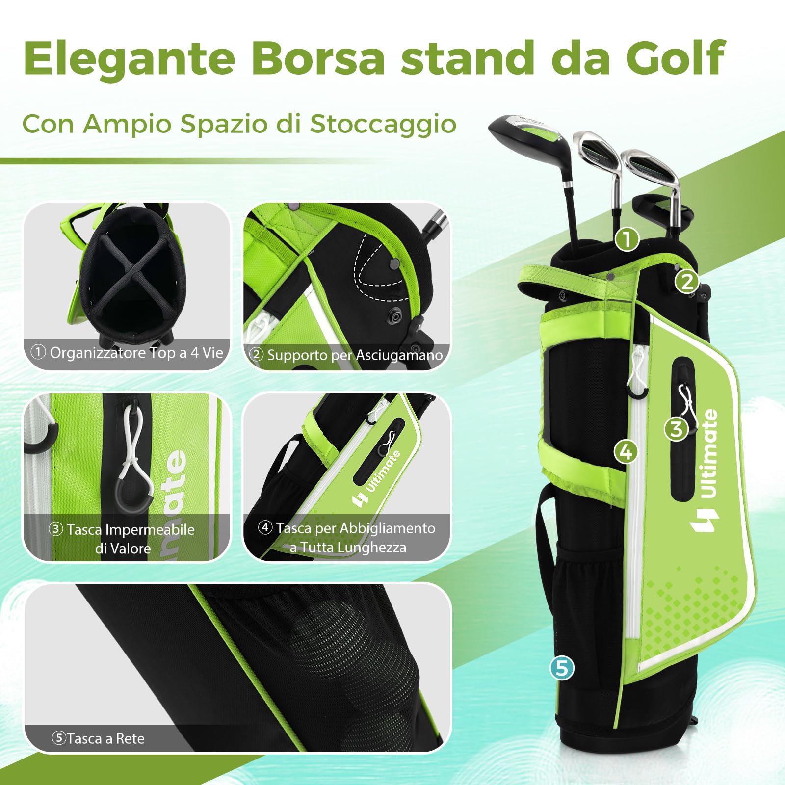 COSTWAY Set di Mazze da Golf per Bambini 5-7 Anni, Set Allenamento Golf con Sacca, Fodera Impermeabile, Legno di Fairway 3, Ferro 7, Ferro S e Putter per Bambini e Bambine, Destrorso
