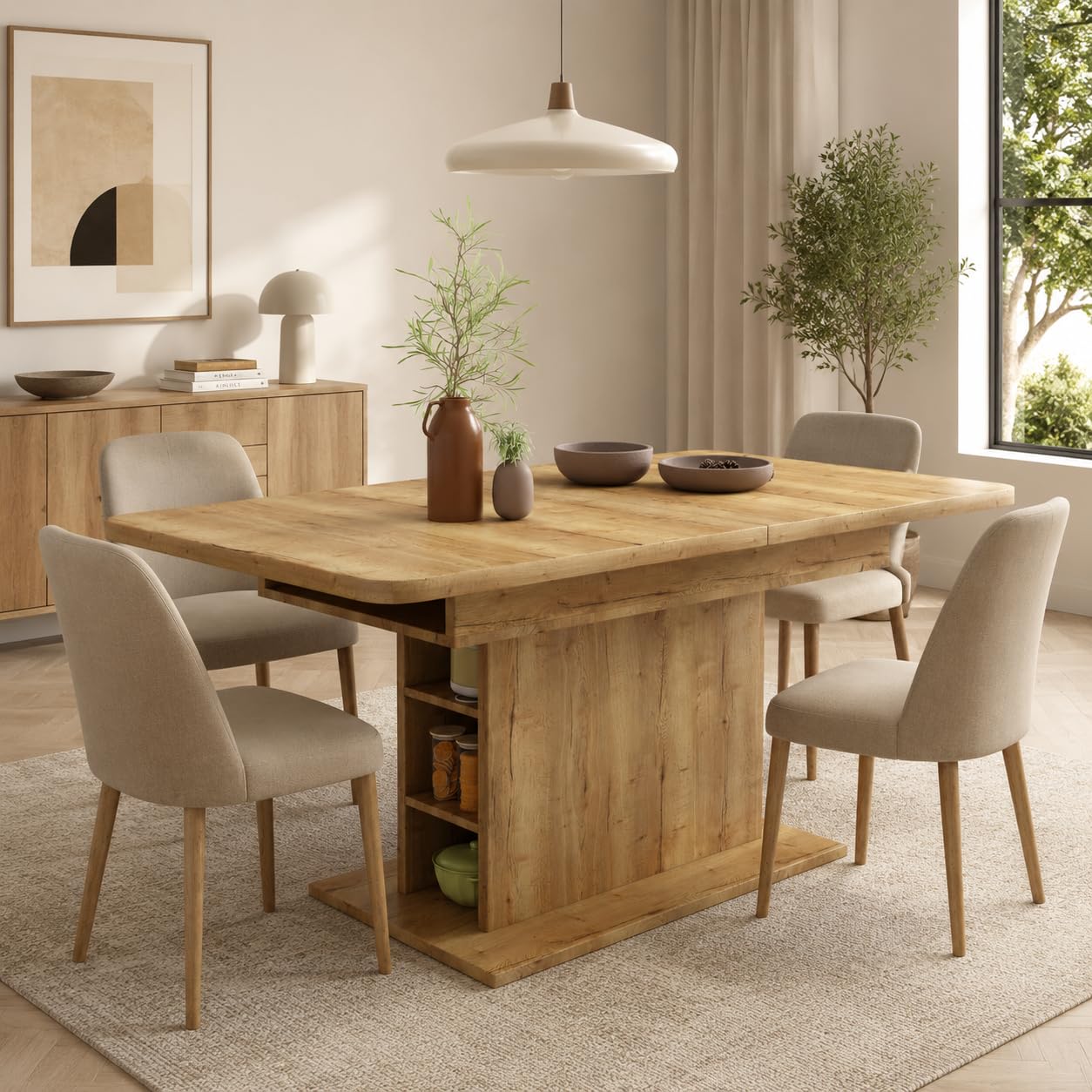 Merax Esstisch Holz, Ausziehbar Esszimmertisch mit Stauraum, Rechteckiger Küchentisch, für Wohnzimmer und Esszimmer, 110/130L x 70B x 75H cm, Natur